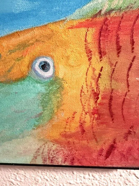 Close-up detail of the parrotfish's eye, mouth, vivid colors, and textured brushwork in Reef Personality by Bonnie Seide.