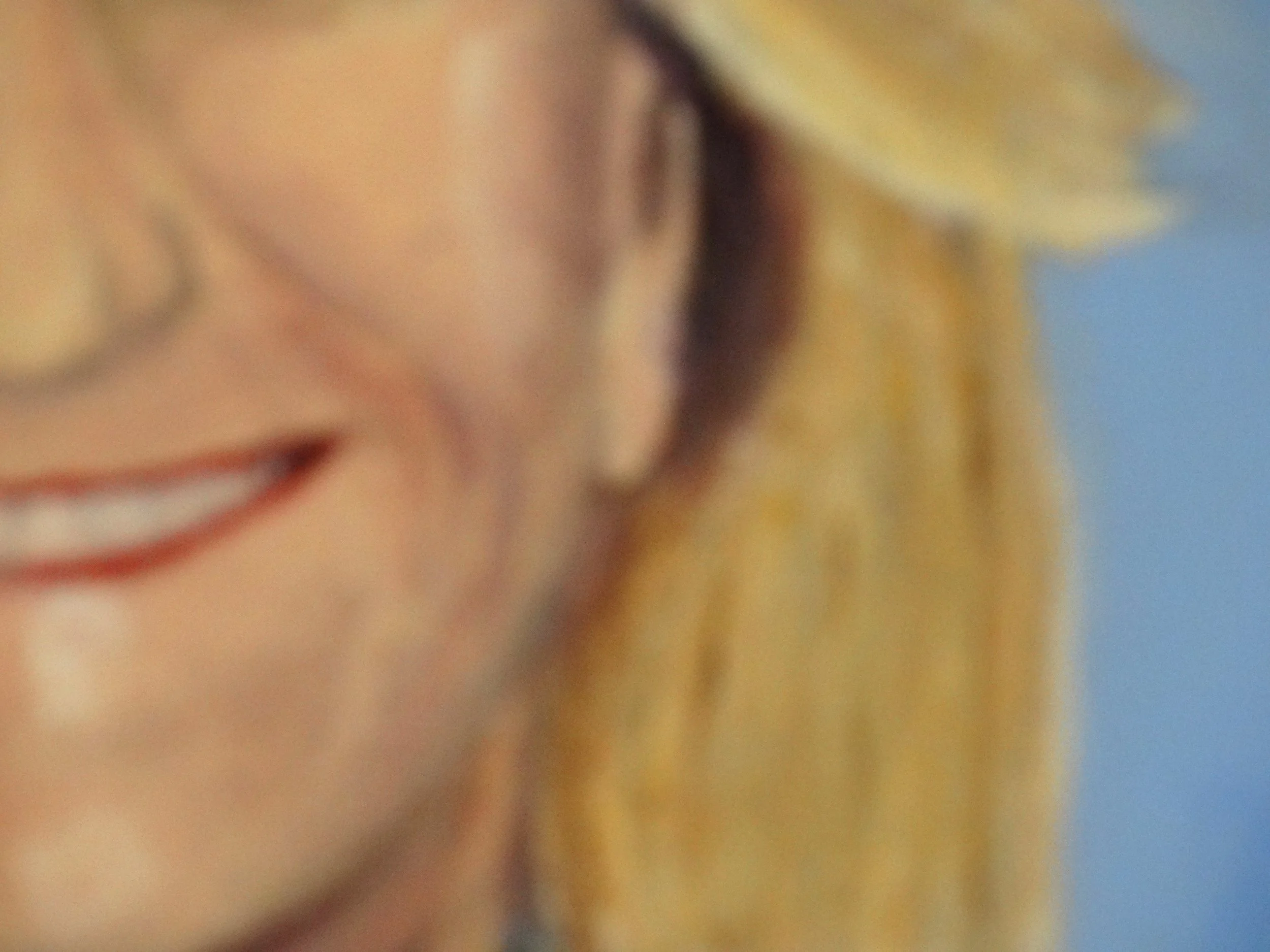 Close-up detail of the smile, rosy cheek, chin, ear, and portrait brushwork in Becoming by Bonnie Seide.