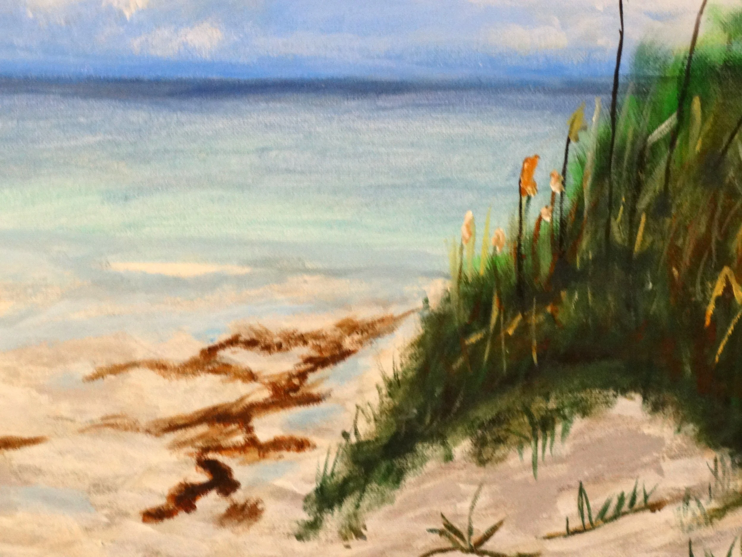 Close-up detail of the sandy dune path, sea oats, and textured brushwork in Invitation to the Shore by Bonnie Seide.