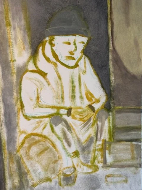 Early painting process for Unhoused, Not Unseen, showing Bonnie Seide's portrait taking shape