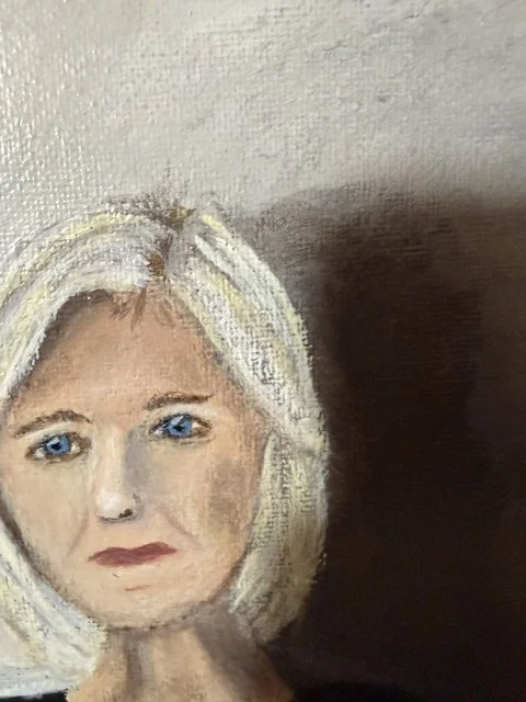 Close-up of the woman's face in Still Standing, an acrylic painting by Bonnie Seide