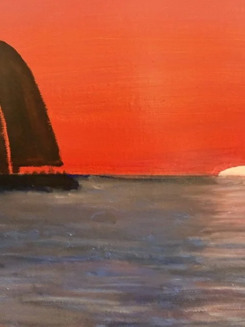 Close-up detail of the sailboat, setting sun, red sky, and textured water in Crimson Passage by Bonnie Seide.