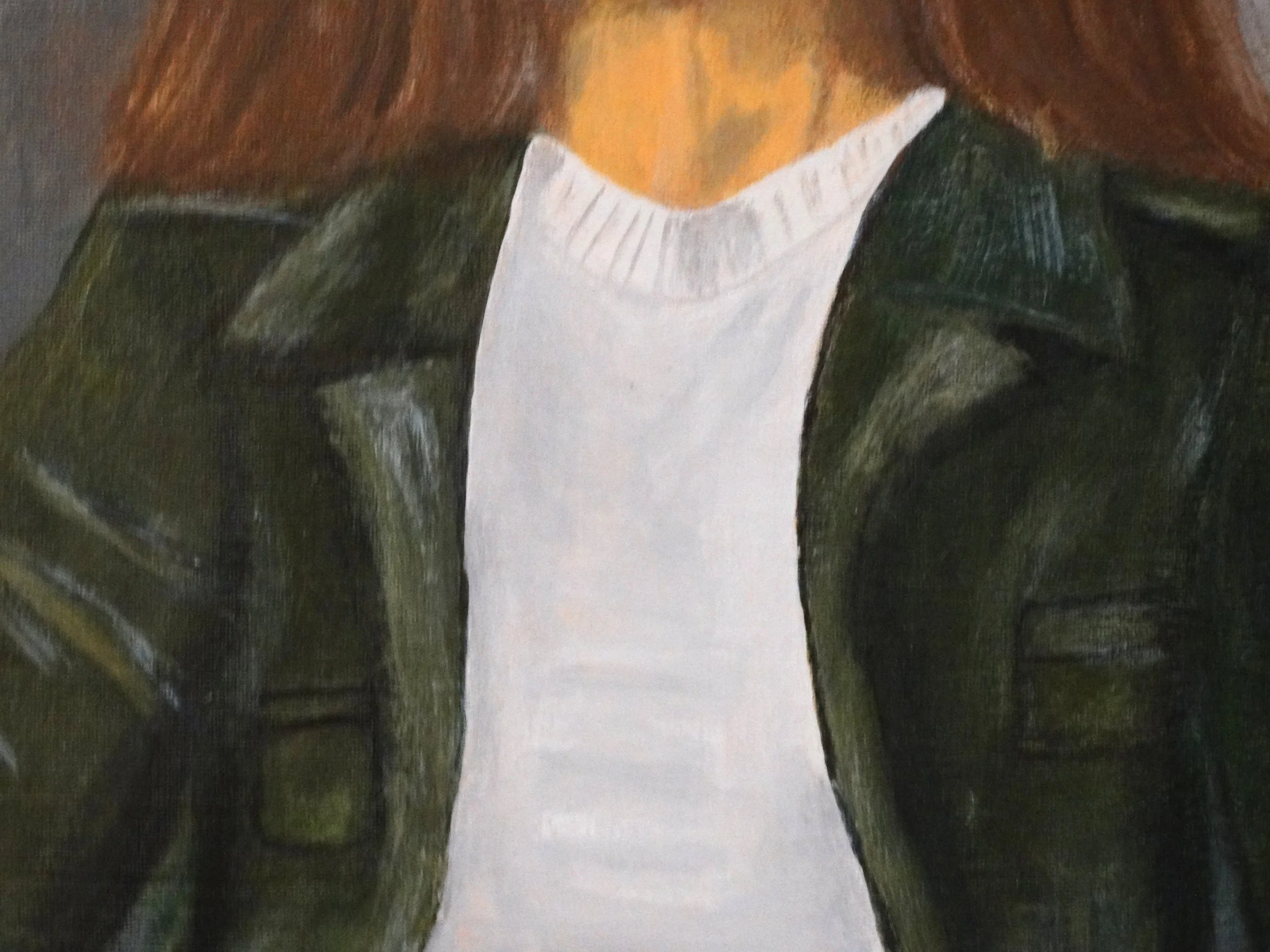 Brushwork detail of Maria's jacket clothing, and Marine helmet in The Strength She carries by Bonnie Seide