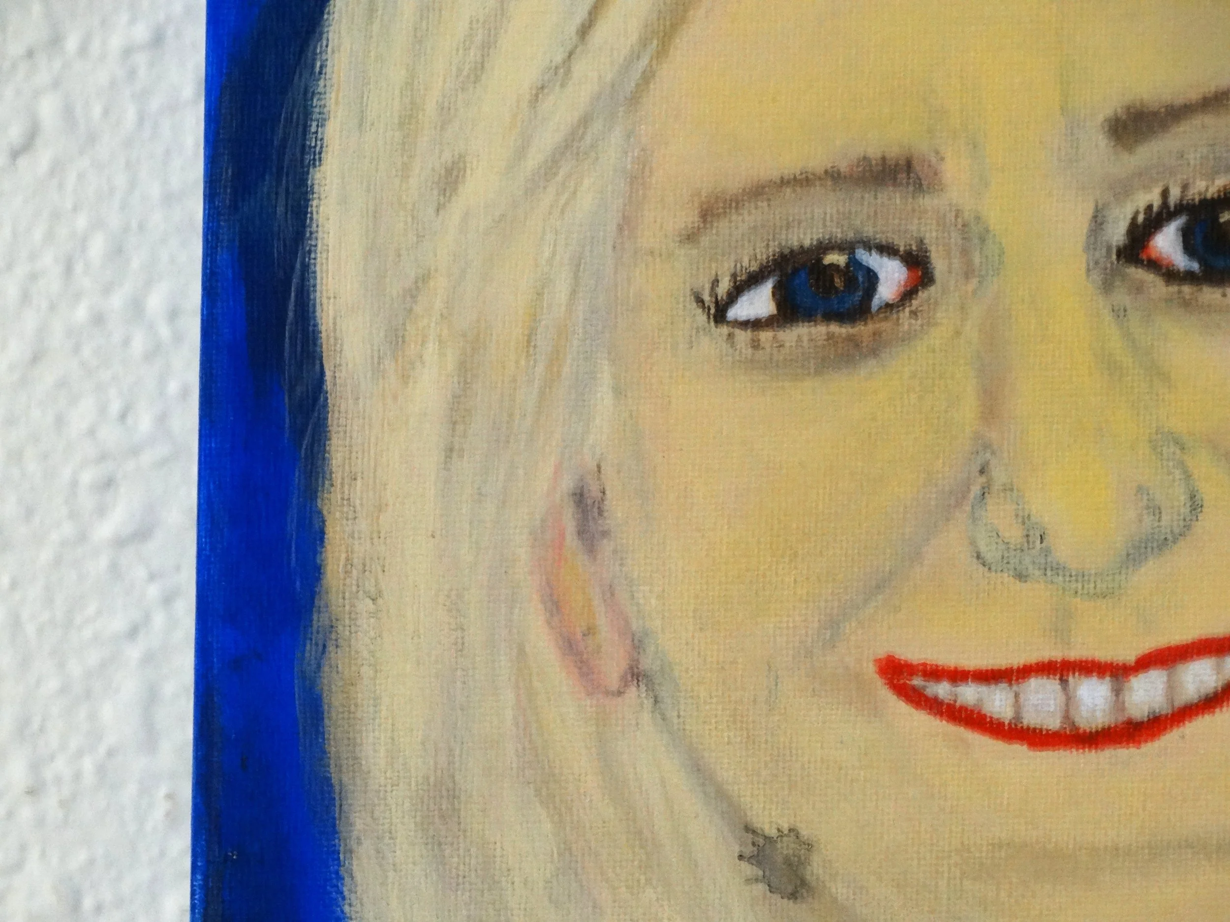 Close-up detail of My First Portrait showing the eye, part of the nose and mouth, an ear, hair, and acrylic brushwork.
