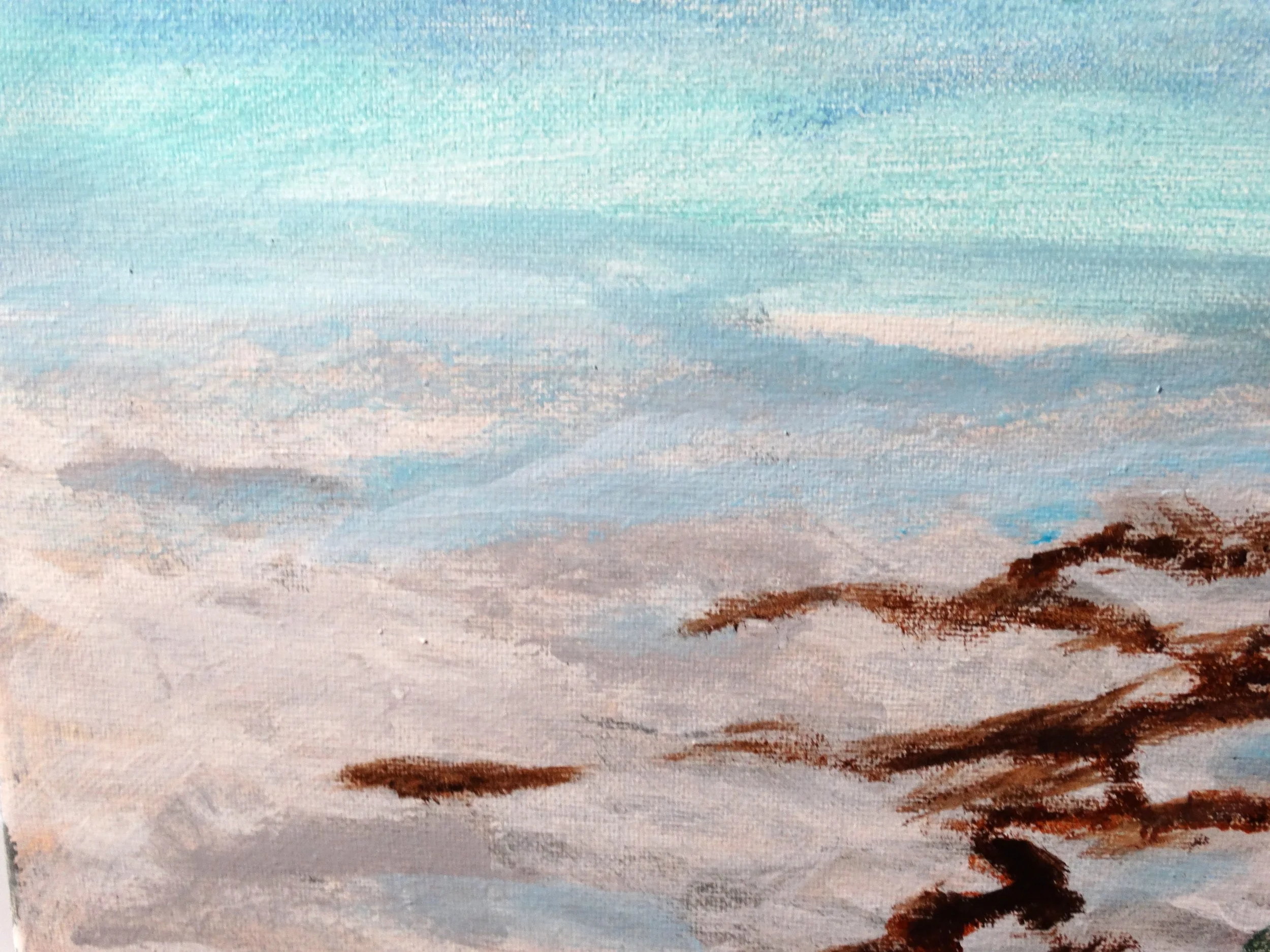Close-up of the calm blue coastal water, shoreline, and sky in Invitation to the Shore by Bonnie Seide.