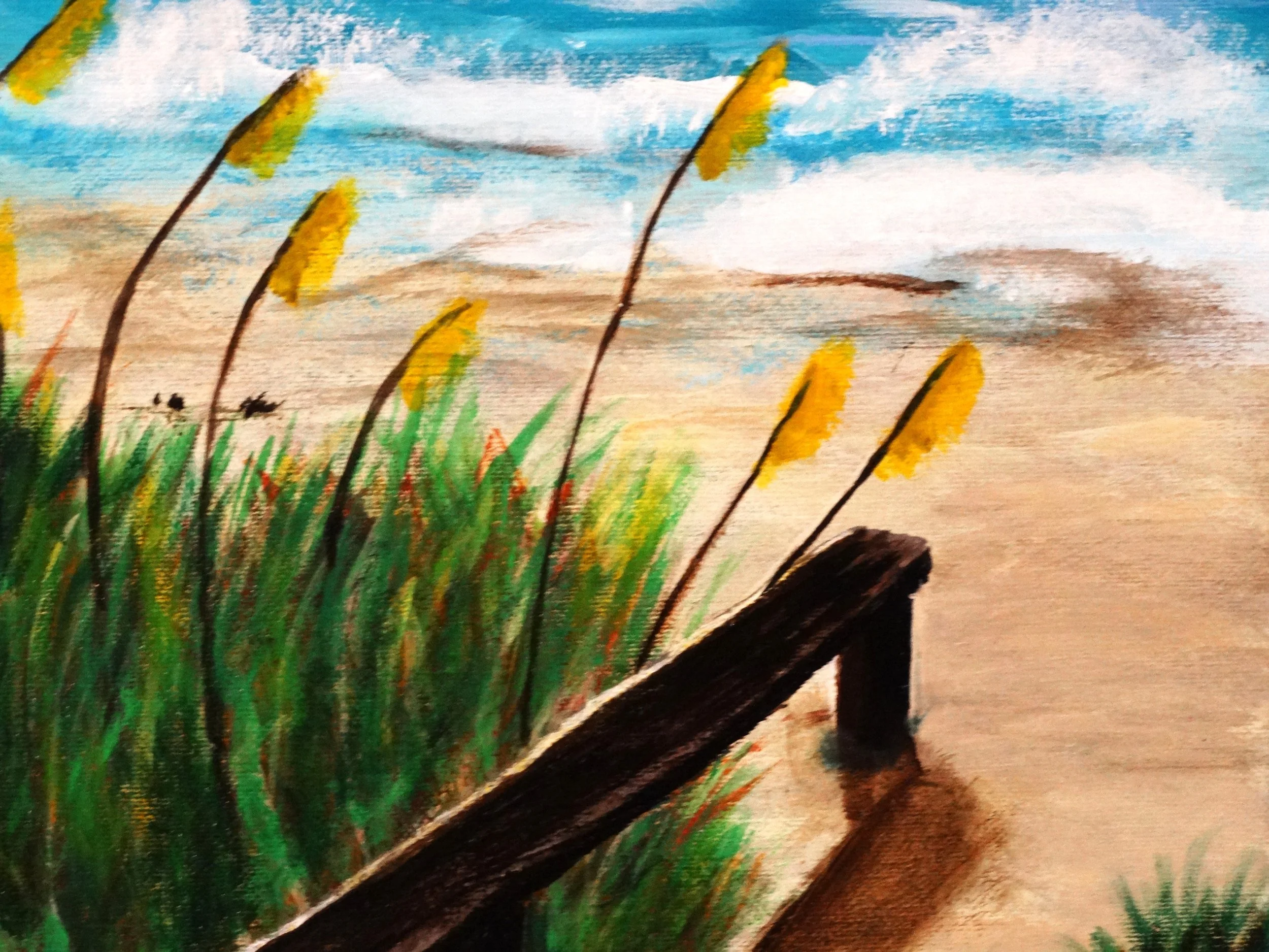 Ocean waves, sandy beach, and wooden railing detail from The Ocean Awaits, an acrylic painting by Bonnie Seide