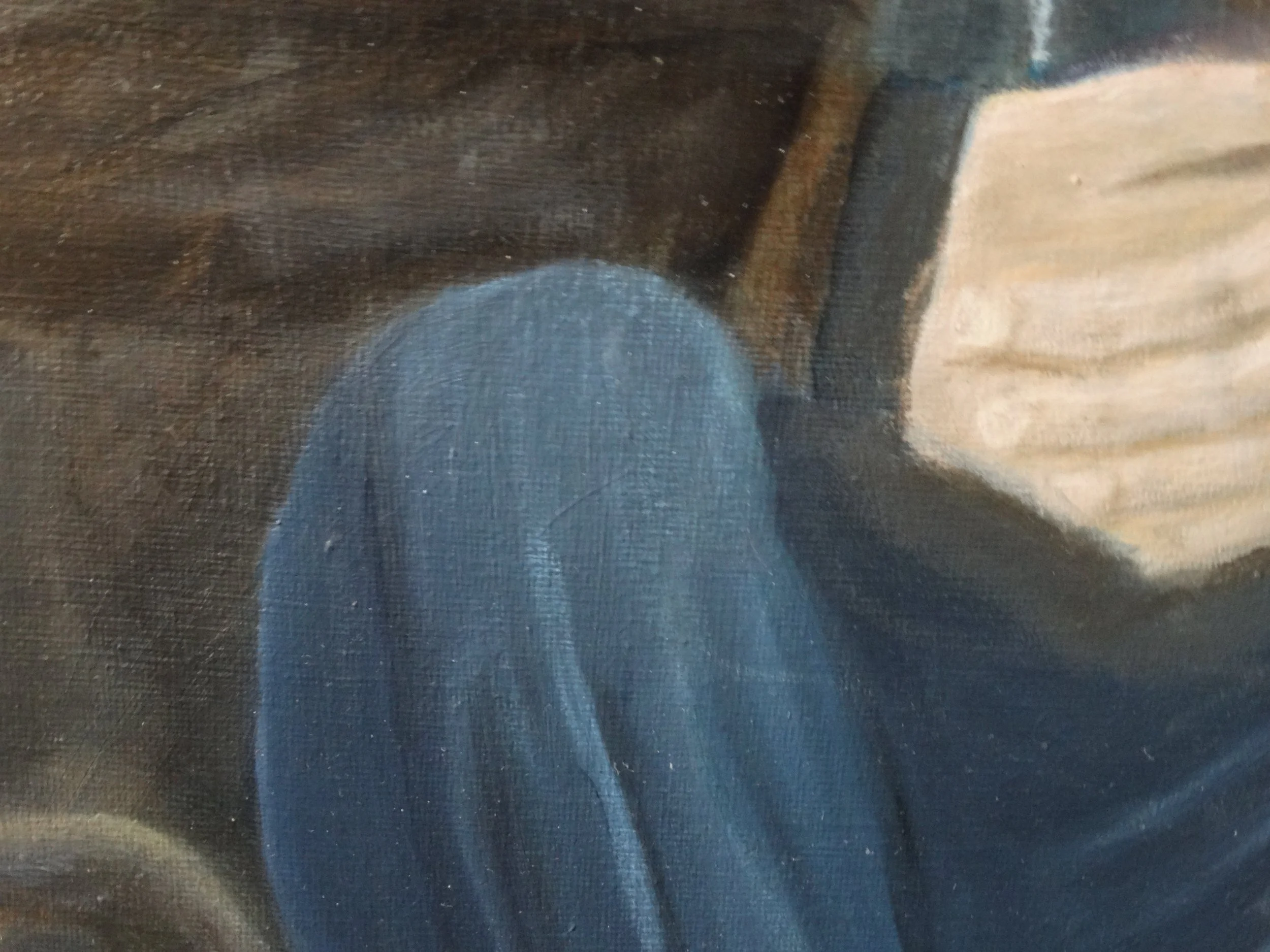 Brushwork detail from Unhoused, Not Unseen, an oil portrait of a veteran by Bonnie Seide