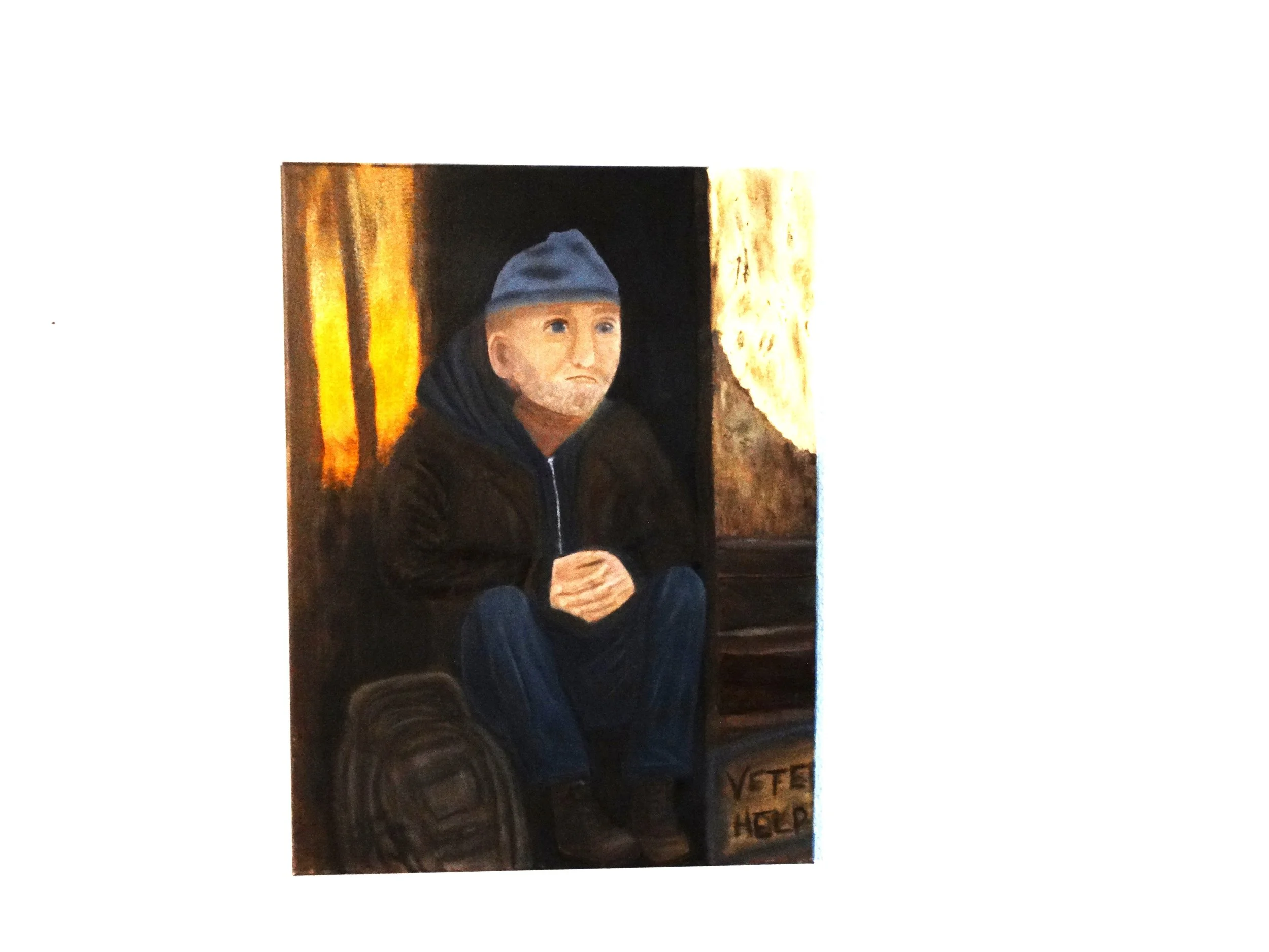 Unhoused, Not Unseen, an 18 x 24 original oil painting by Bonnie Seide displayed on a wall