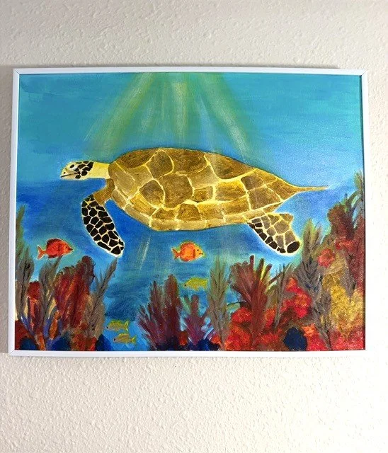 Gentle Current, a 16 x 20 original acrylic sea turtle painting by Bonnie Seide on canvas panel, displayed on a wall.