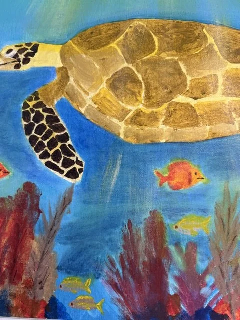 Close-up detail of the sea turtle, tropical fish, colorful coral, and textured brushwork in Gentle Current by Bonnie Seide.