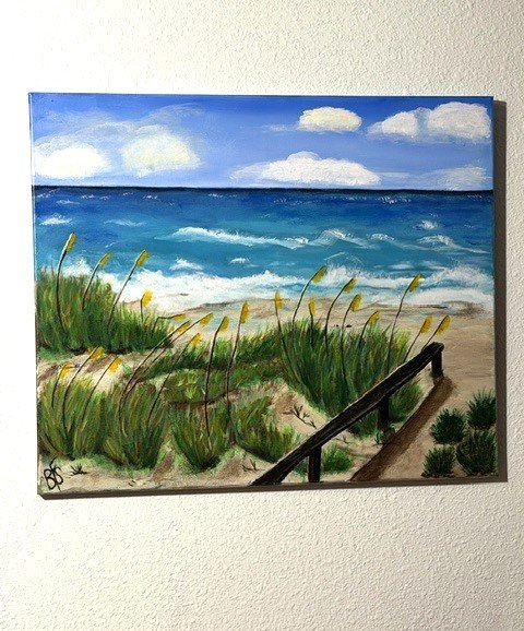 The Ocean Awaits, a 24 x 20 original acrylic painting by Bonnie Seide displayed on a wall