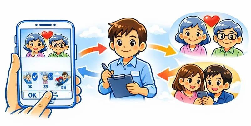 スマートフォンを使って、家族の写真を選び、親と子供が写真を見て喜んでいるイラスト.
