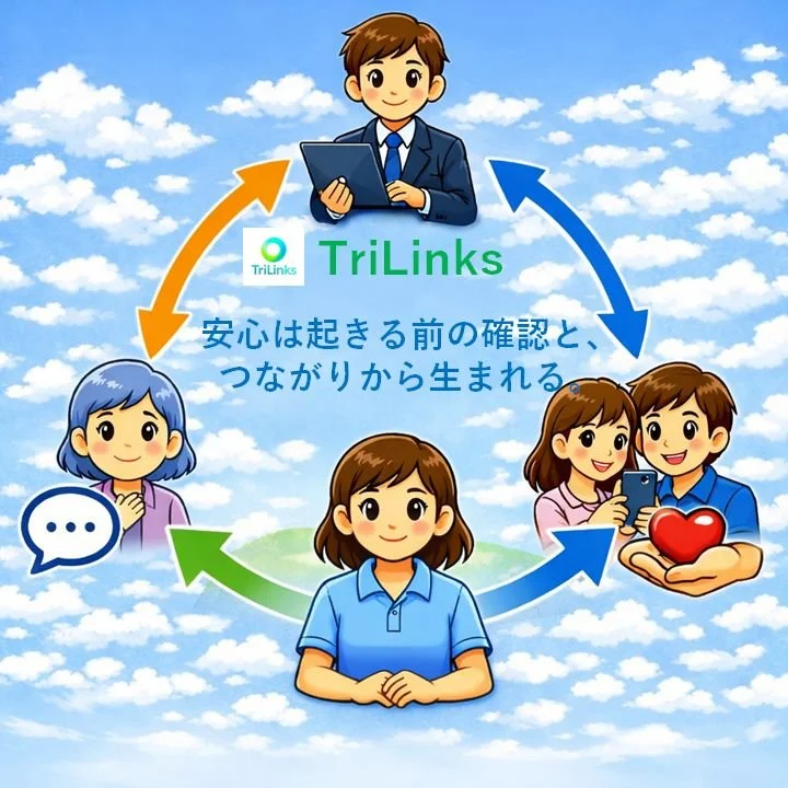 青い空と白い雲の背景に、男女の子供たちが円になって座っている。中央の女の子が青い制服を着ている。その周りに、スマートフォンを持つカップルや、笑顔の女性、会話をしている女性と男性のペアが描かれている。円の中に矢印と、TriLinksのロゴと日本語の説明文がある。