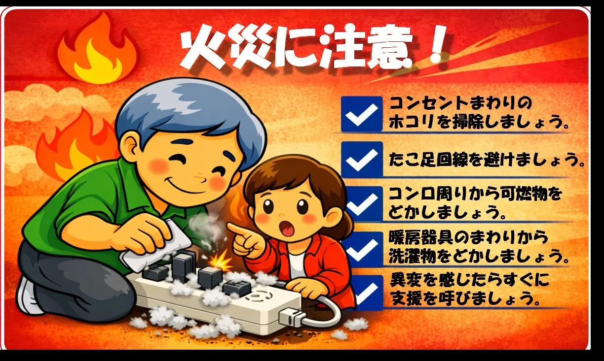 火災に注意を促すイラスト。コンセントまわりのホコリを掃除しましょう。たこ足回線を避けましょう。コンロ周りの可燃物を片付けましょう。暖房器具のまわりに洗濯物を干さない。異変を感じたらすぐに支援を呼びましょう。