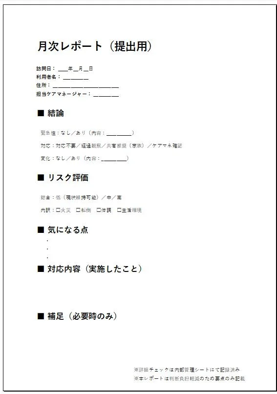月次レポート（提出用）のシート。訪問日、利用者名、住所、担当マネージャーなどの情報欄と、結論、リスク評価、気になる点、対応内容、補足欄が記載されている。”