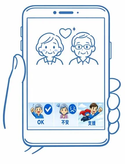 スマートフォンの画面に、老夫婦のイラストとハートの記号が表示されている。