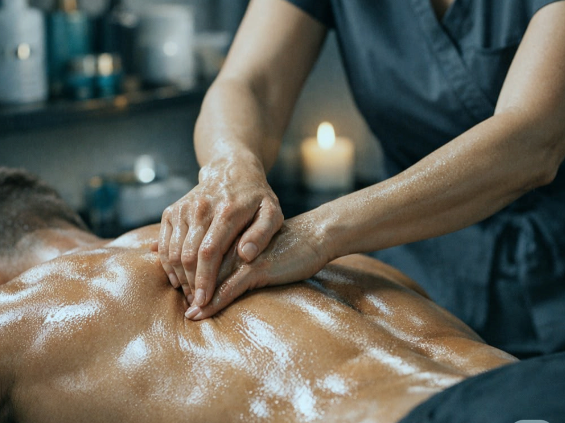 A person giving a massage on a person's back in a spa setting, with a candle in the background.
