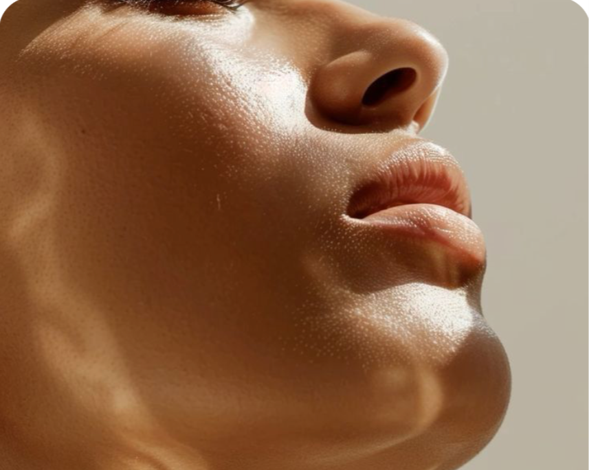 Close-up of a woman's lower face, focusing on her lips, chin, and nose after lymphatic drainage.