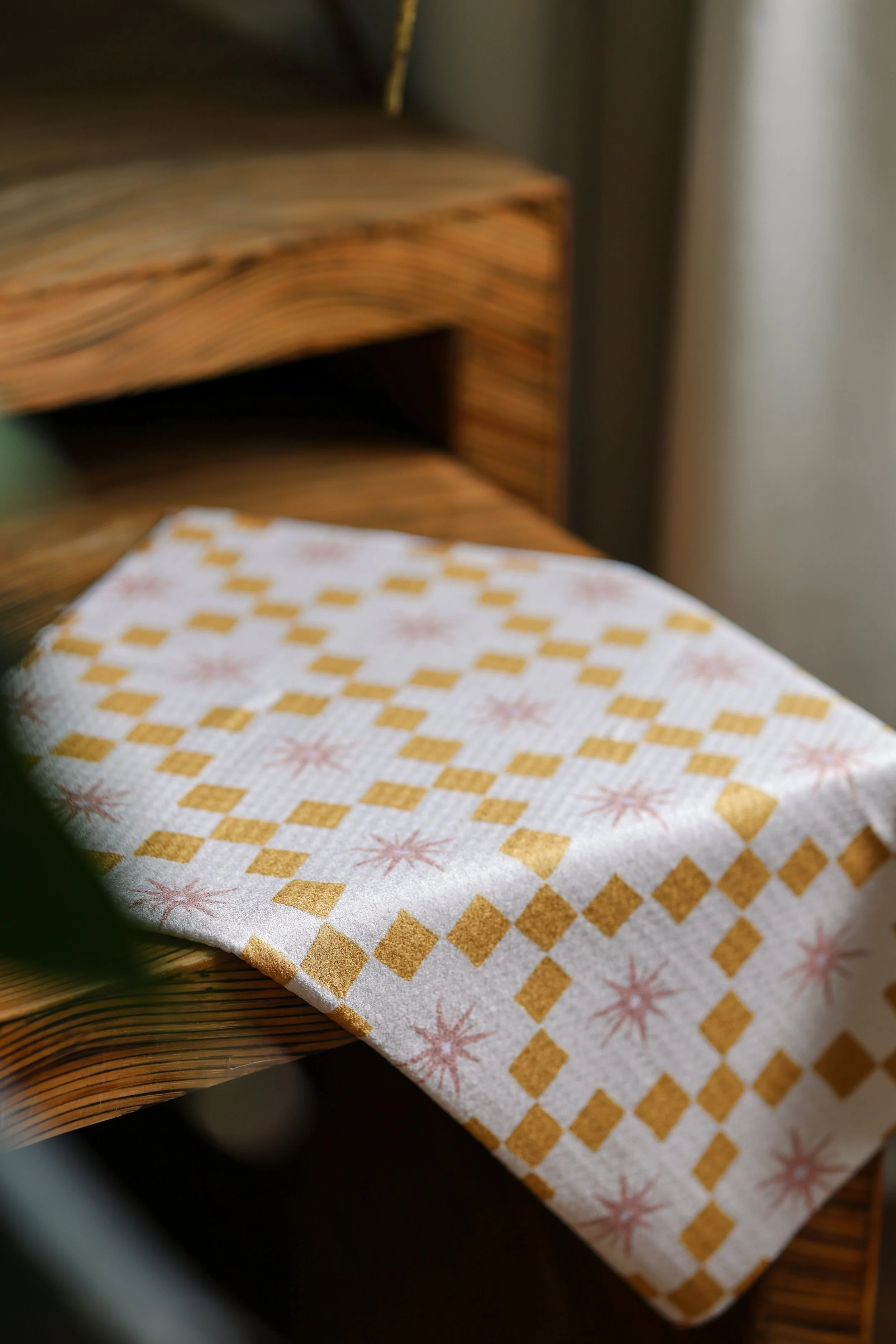 Retro Starburst Tea Towel – Mustard Squares + Blush Starbursts