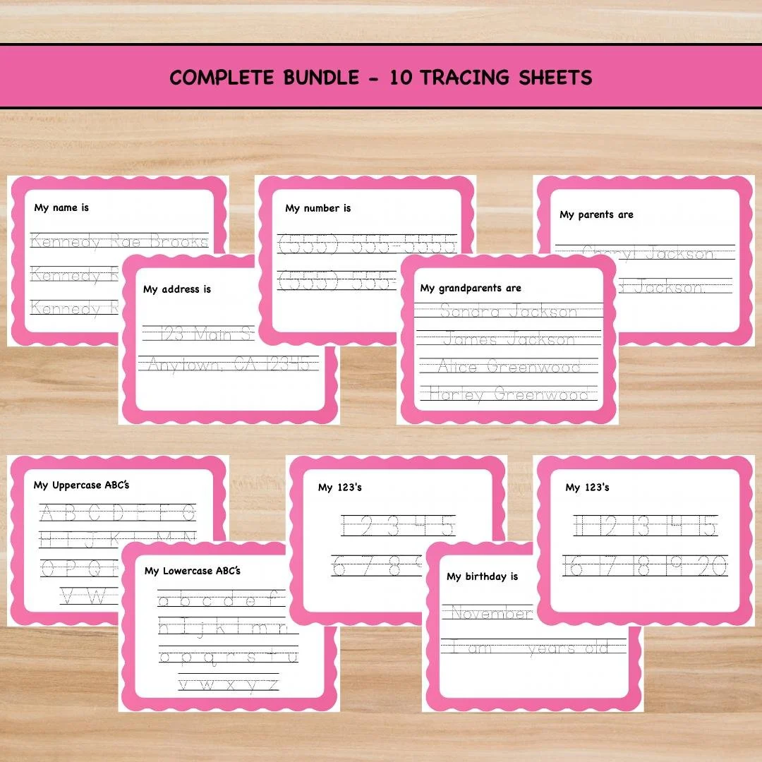 Personalized Complete Tracing Worksheet Bundle | Handwriting Practice for Toddlers (Digital Download)