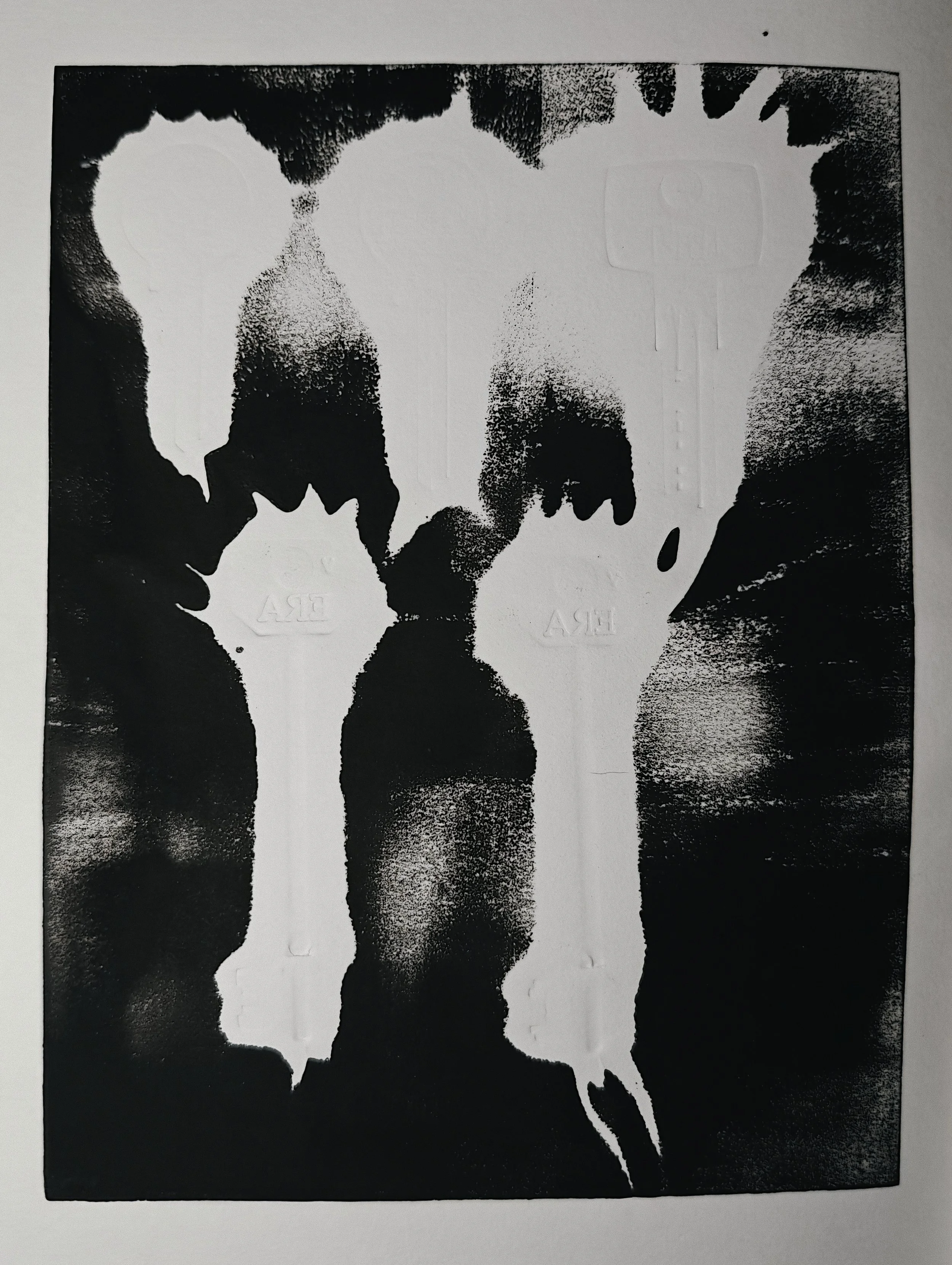 Artwork by Shaun Bell featuring a black and white faded print of organised keys.