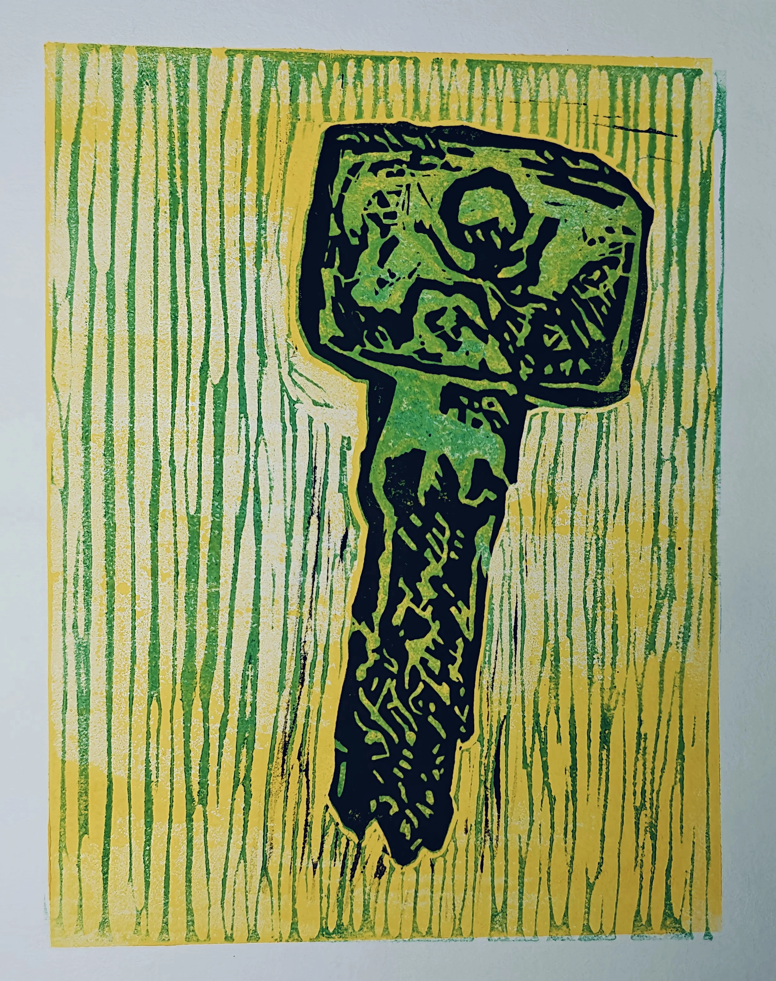 Artwork by Shaun Bell featuring a yellow and green lino print of a singular key.
