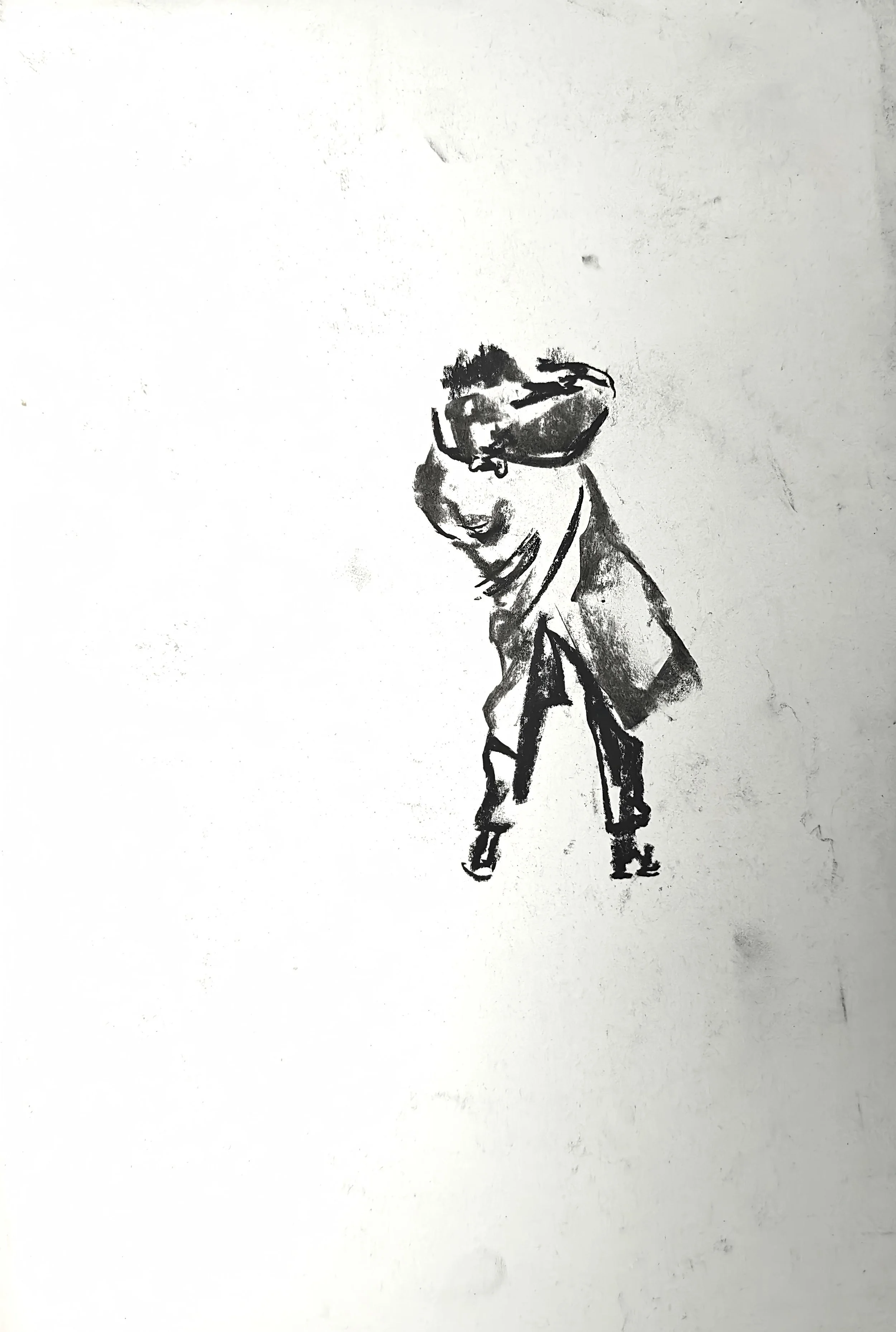 Charcoal figure drawing by Shaun Bell. Contemporary minimalist figurative artwork exploring urban isolation, anonymous city life, and human transience. Expressive tonal charcoal on paper with strong negative space and gestural mark-making.