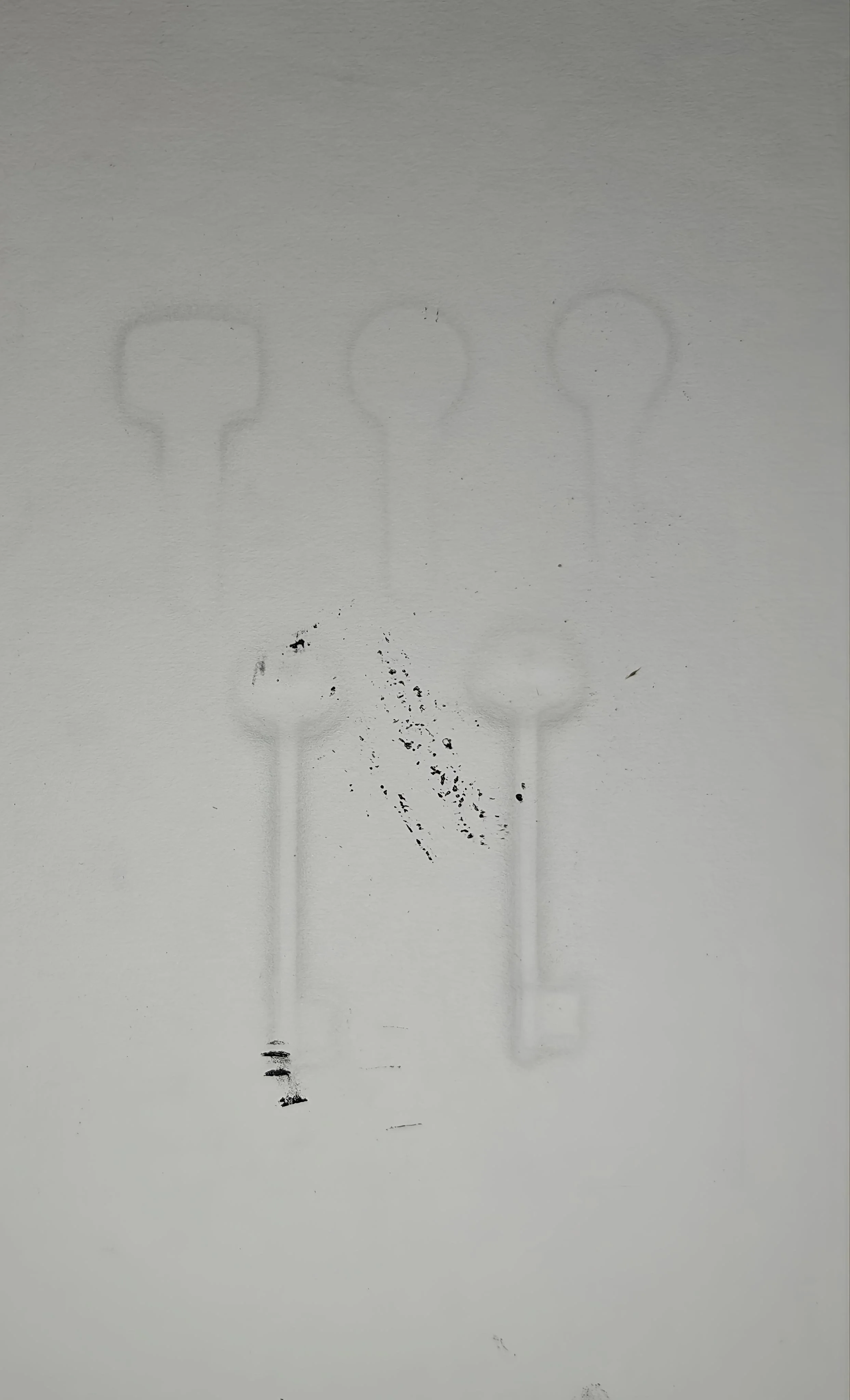 Artwork by Shaun Bell featuring a black and white faded print of organised keys.