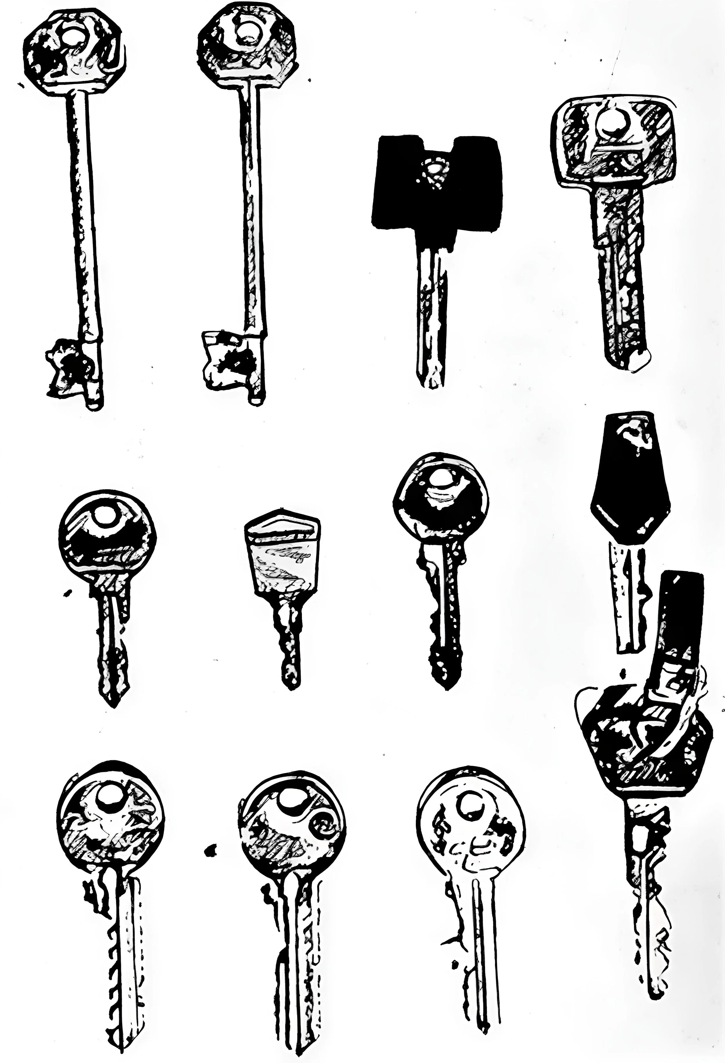 Artwork by Shaun Bell featuring a black and blue ink illustration of organised keys.