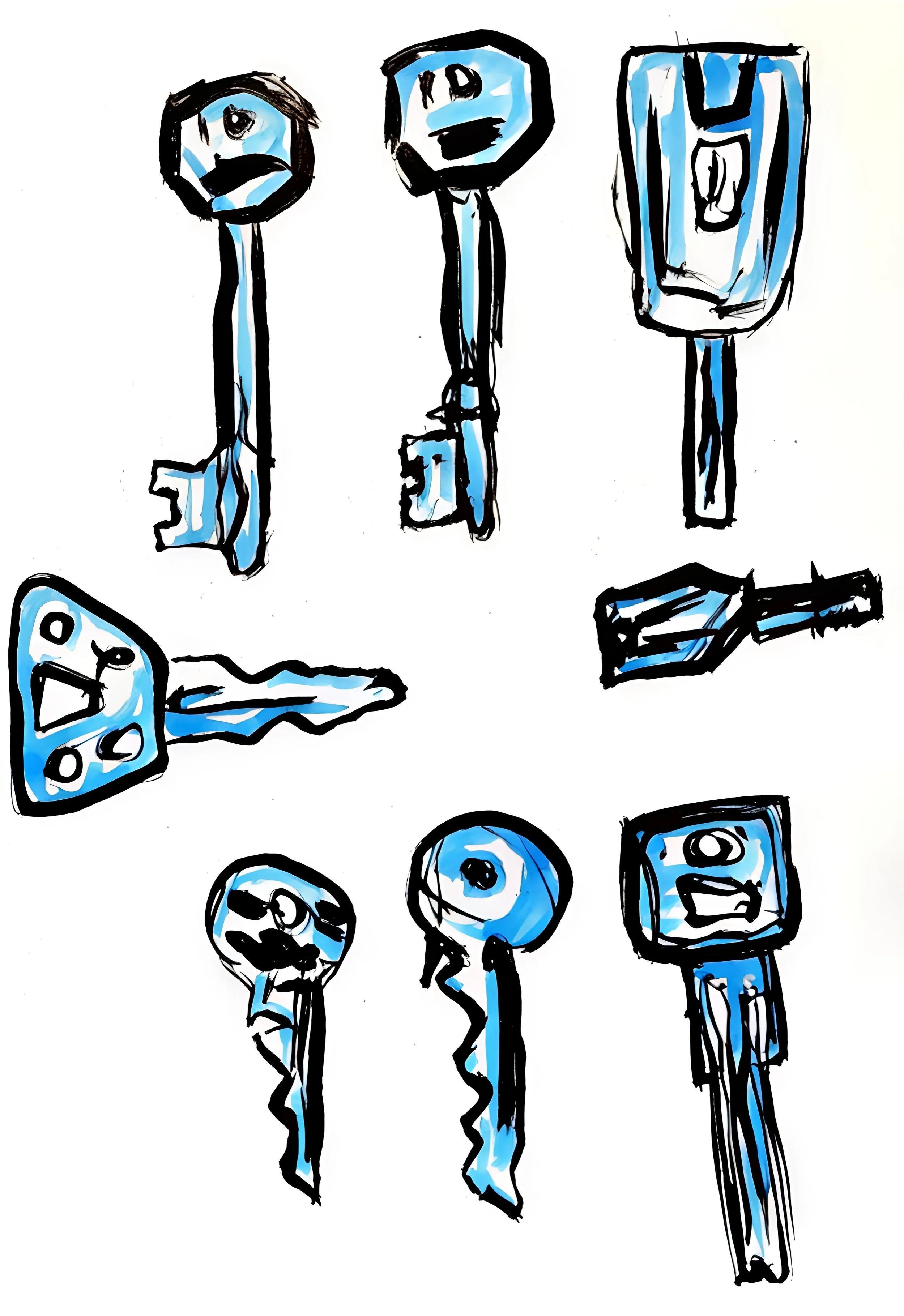 Artwork by Shaun Bell featuring a black and blue ink illustration of organised keys.