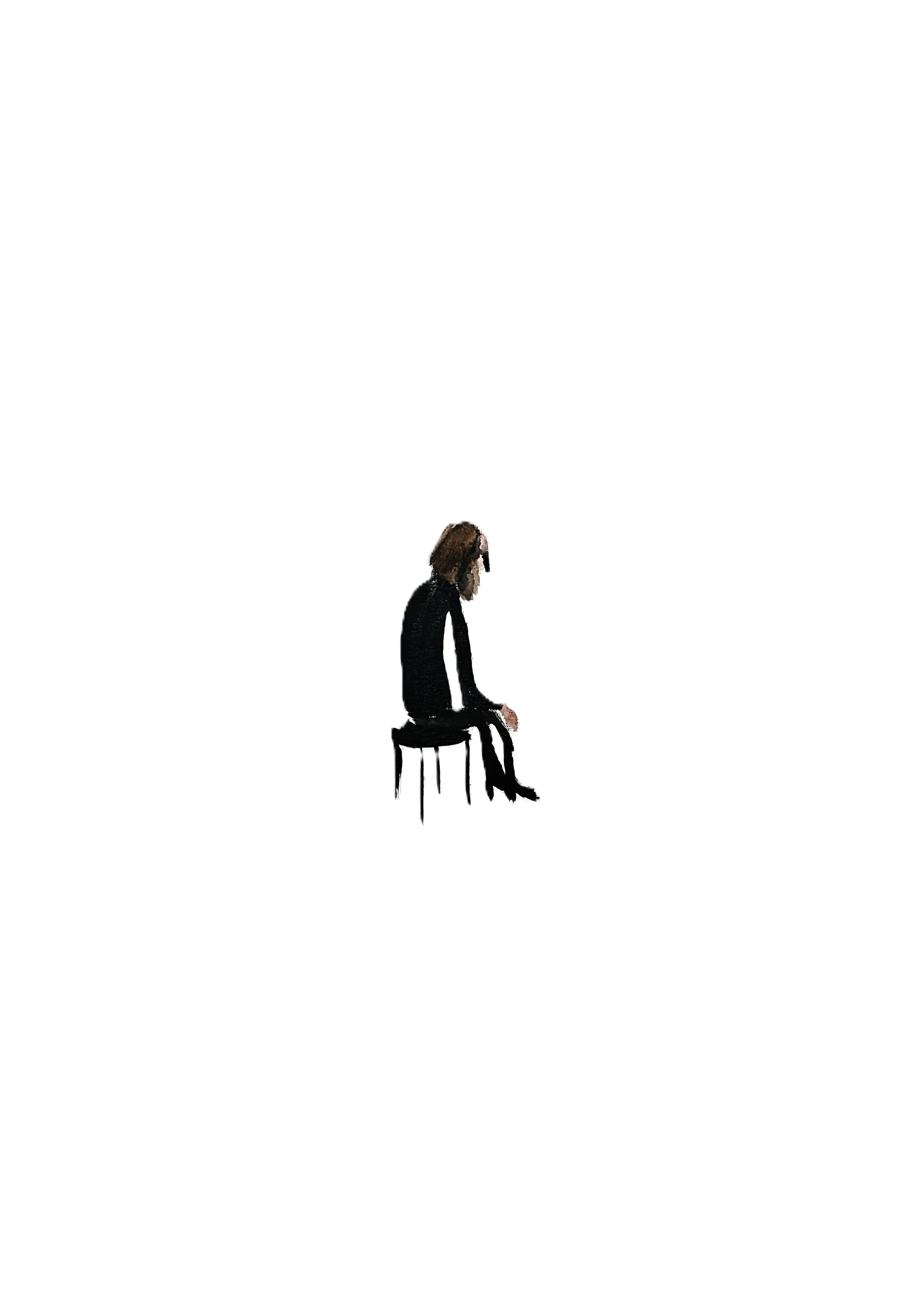 Small, isolated figure dressed in black sitting on a stool against a stark white background, from the graphic novel "Look at Me" by Shaun Bell.