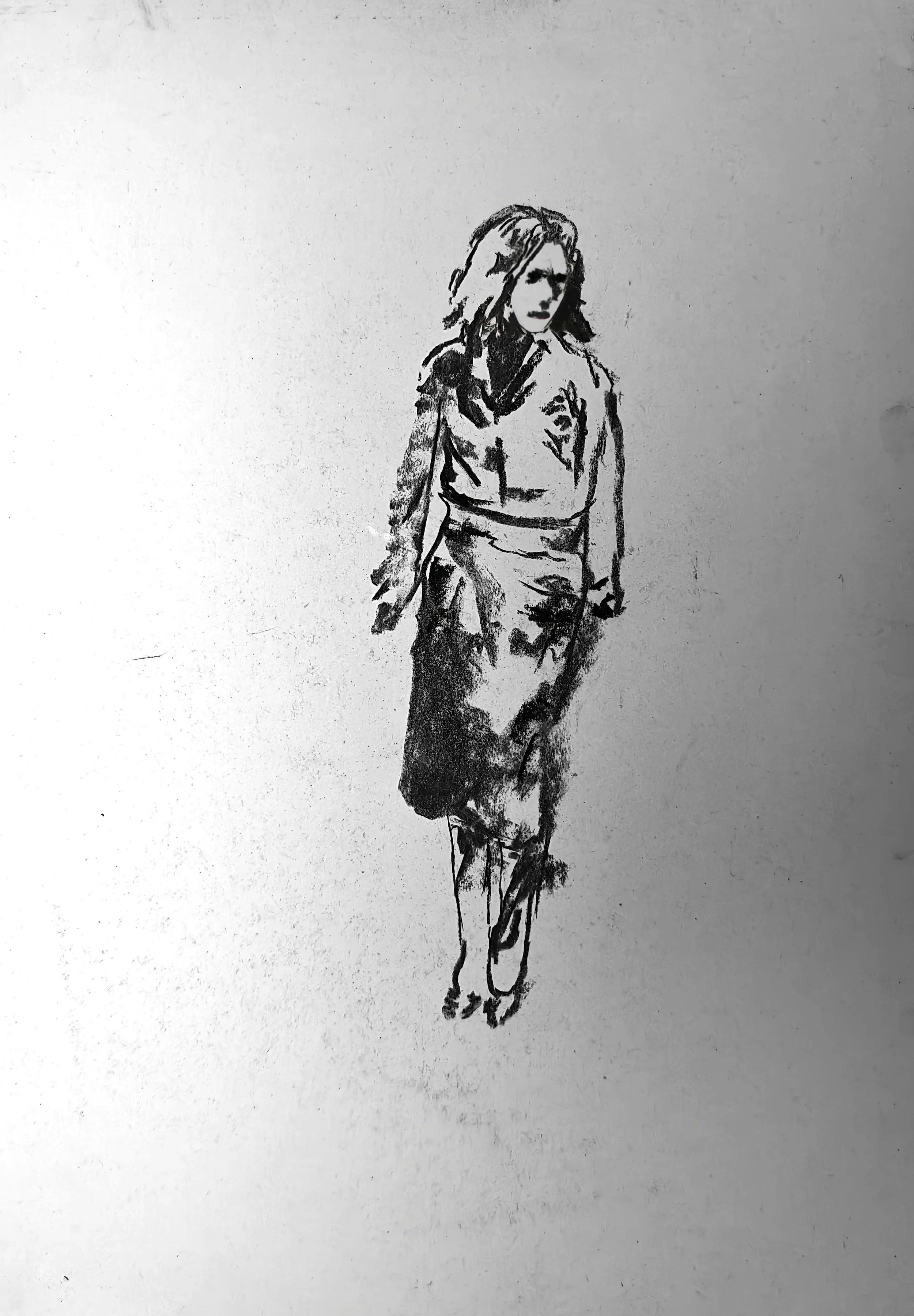 Charcoal figure drawing by Shaun Bell. Contemporary minimalist figurative artwork exploring urban isolation, anonymous city life, and human transience. Expressive tonal charcoal on paper with strong negative space and gestural mark-making.
