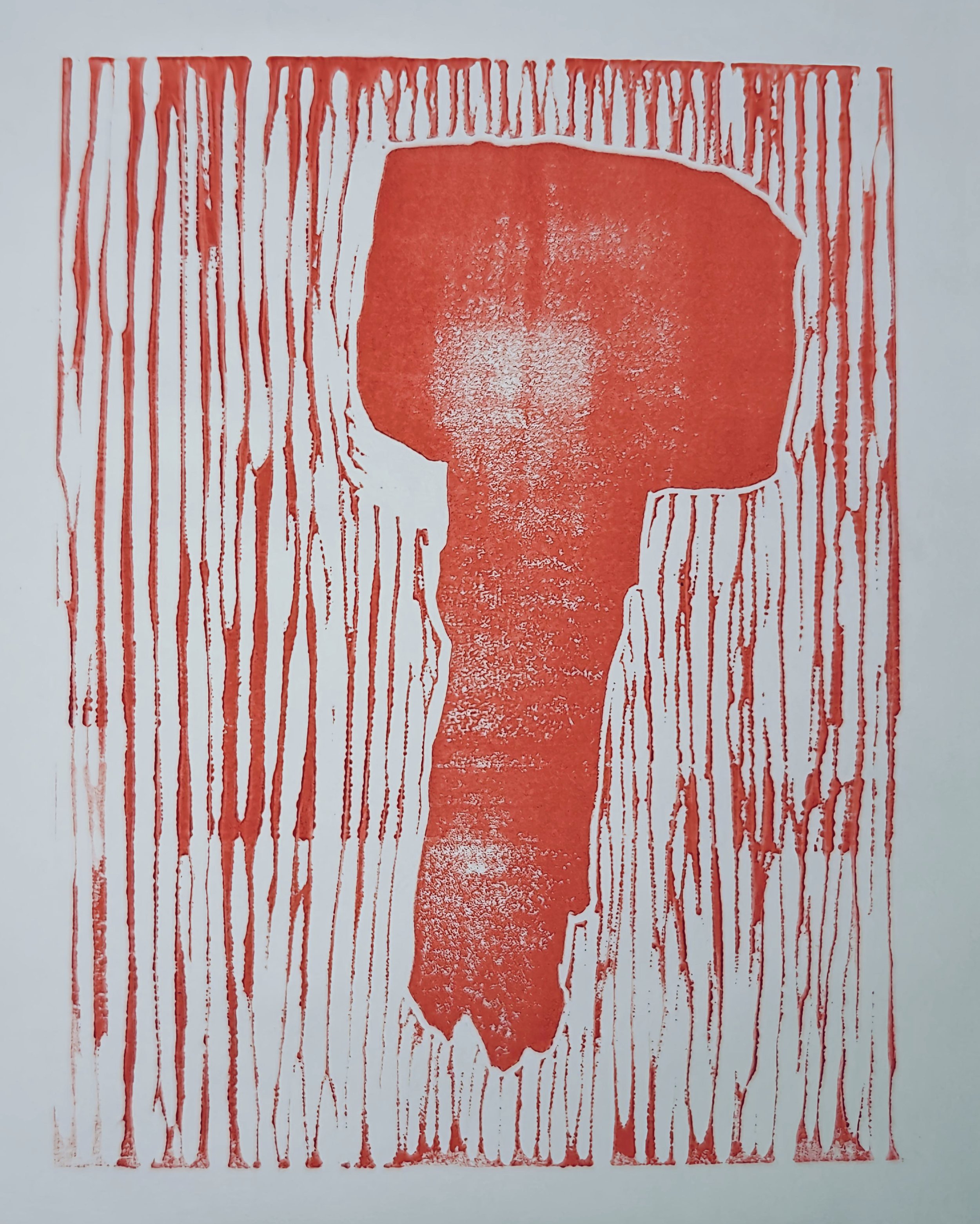 Artwork by Shaun Bell featuring a red and white lino print of a singular key.