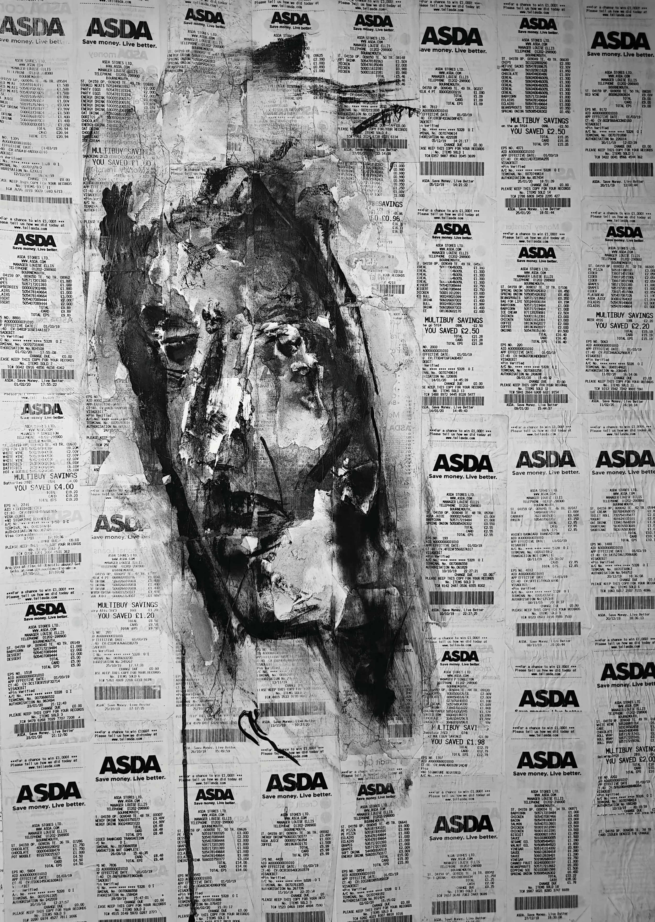 Shaun Bell -
Mixed Media on Collaged Receipts