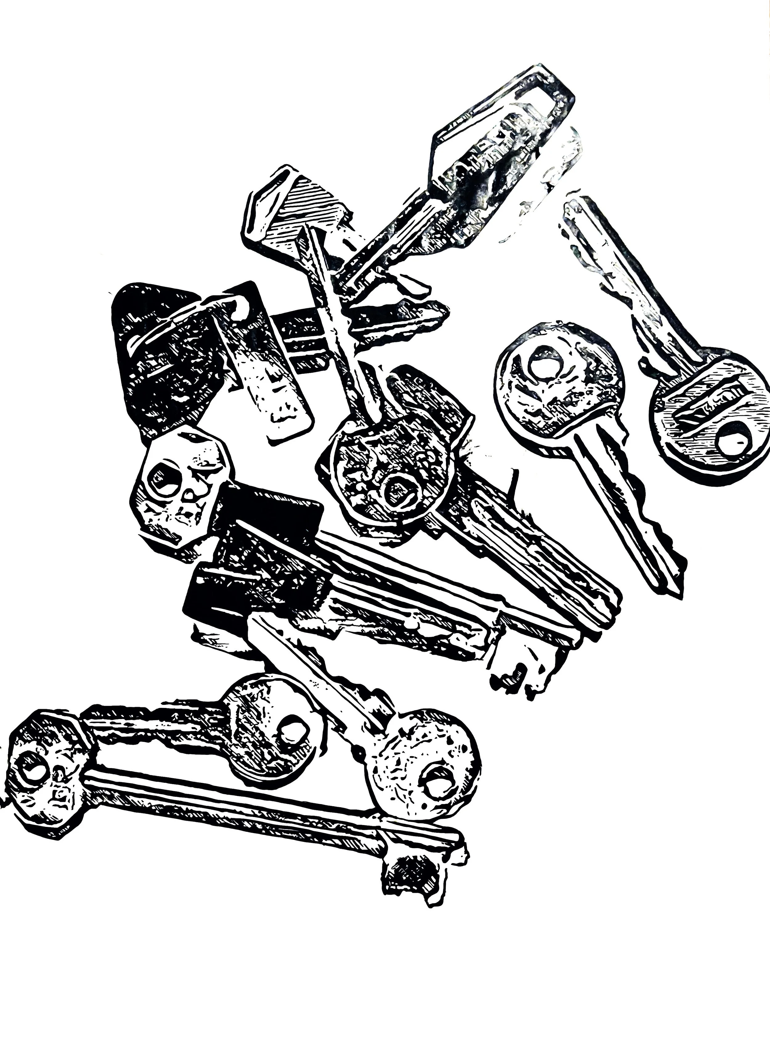 Artwork by Shaun Bell featuring a black and blue ink illustration of overlapping keys.