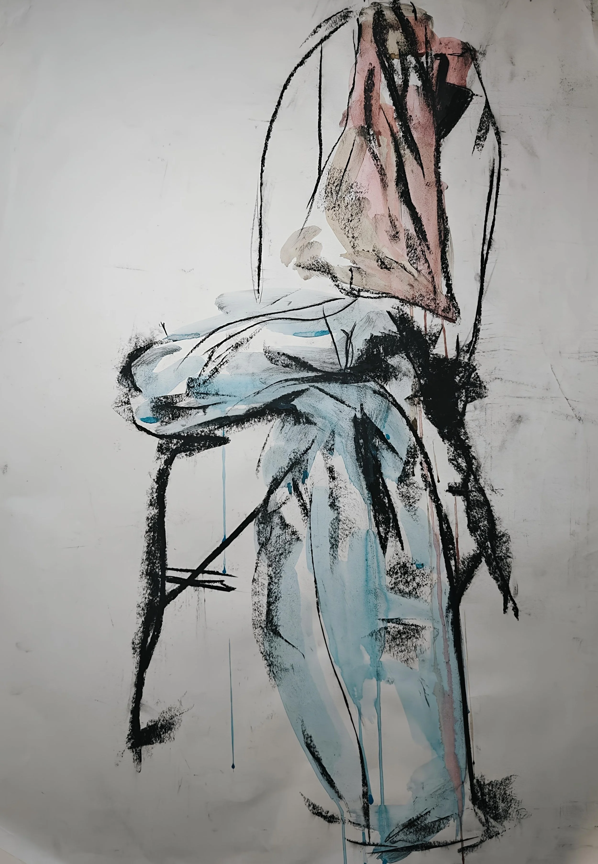 Artwork by Shaun Bell and Miah Gill. Expressive charcoal and acrylic painting of empty chair with clothing, exploring absence and memory