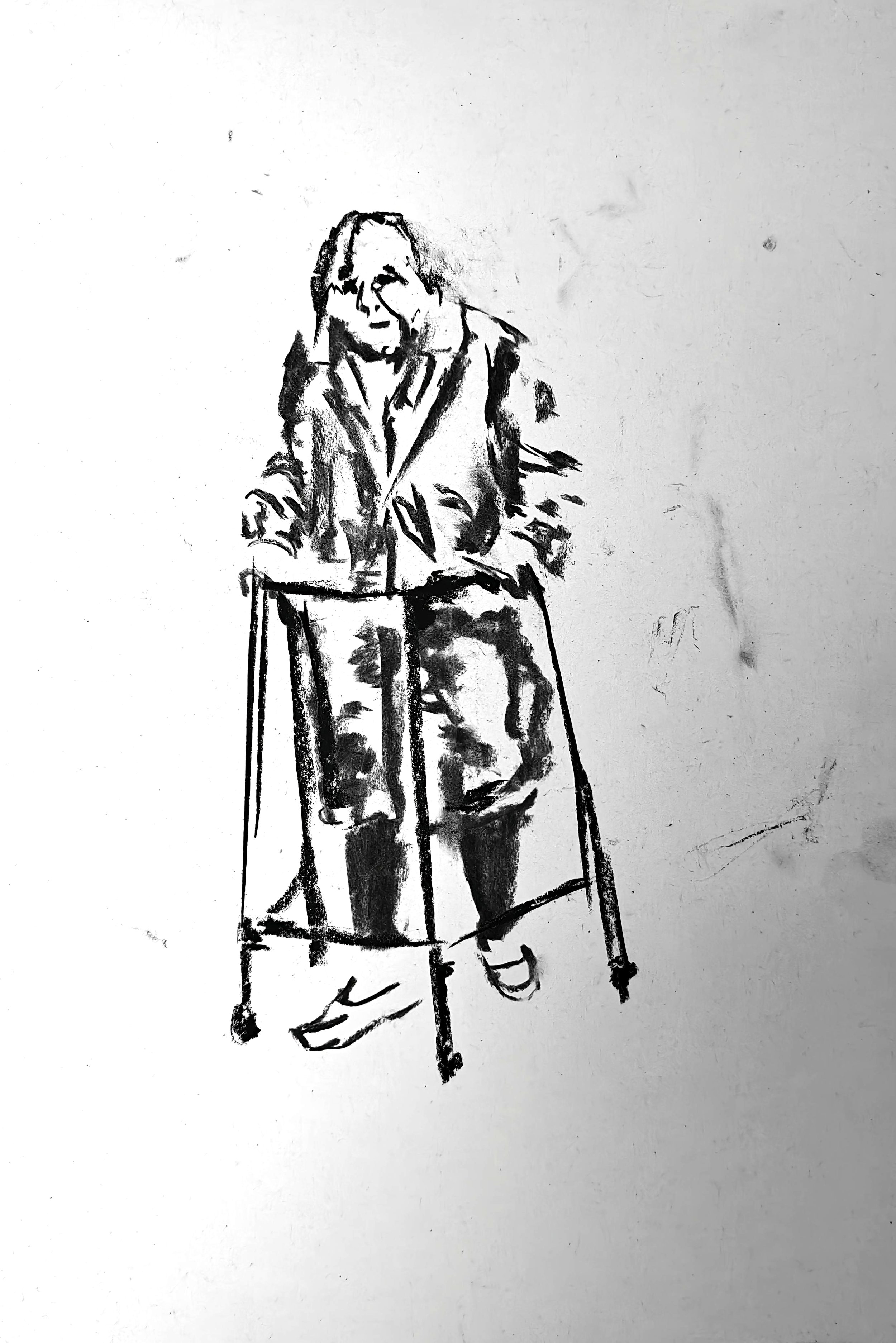 Charcoal figure drawing by Shaun Bell. Contemporary minimalist figurative artwork exploring urban isolation, anonymous city life, and human transience. Expressive tonal charcoal on paper with strong negative space and gestural mark-making.