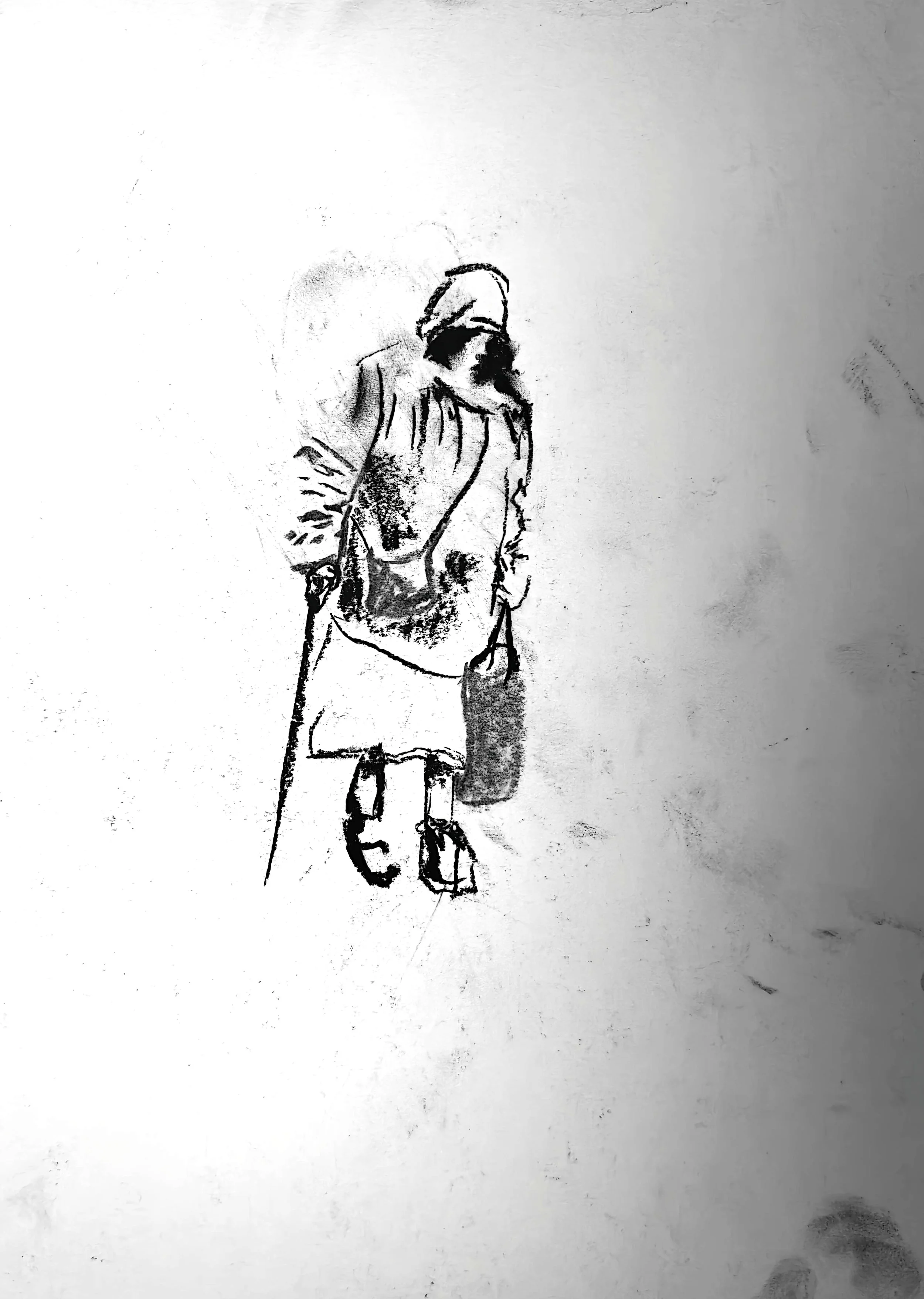 Charcoal figure drawing by Shaun Bell. Contemporary minimalist figurative artwork exploring urban isolation, anonymous city life, and human transience. Expressive tonal charcoal on paper with strong negative space and gestural mark-making.