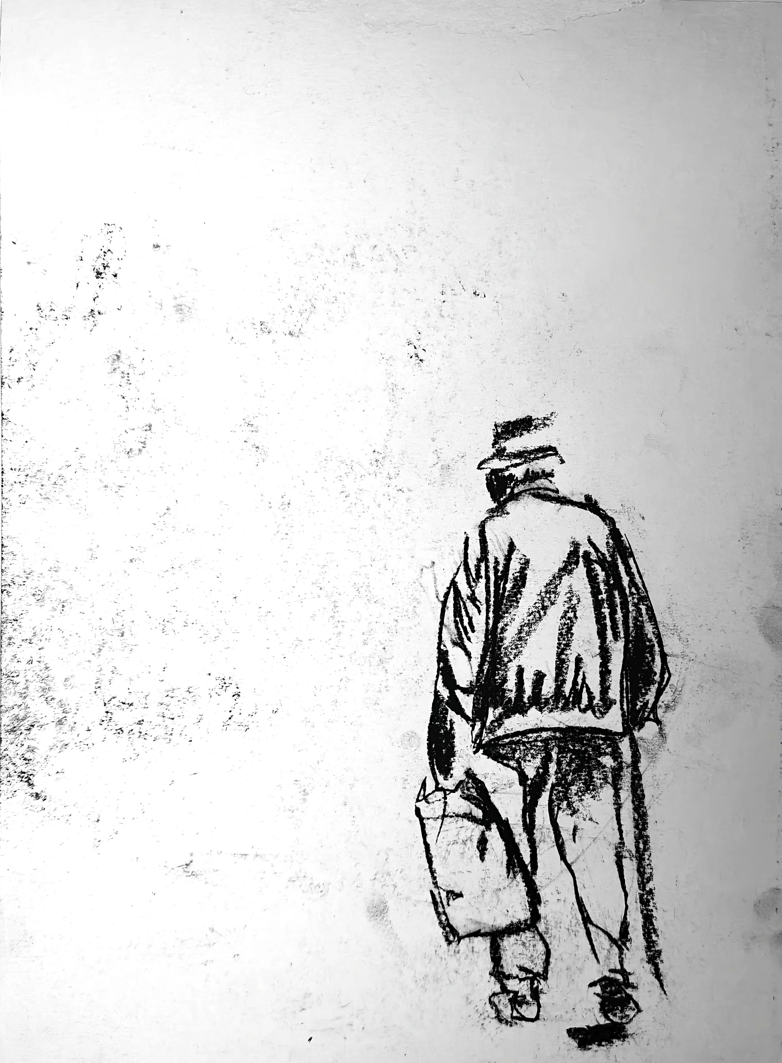 Charcoal figure drawing by Shaun Bell. Contemporary minimalist figurative artwork exploring urban isolation, anonymous city life, and human transience. Expressive tonal charcoal on paper with strong negative space and gestural mark-making.