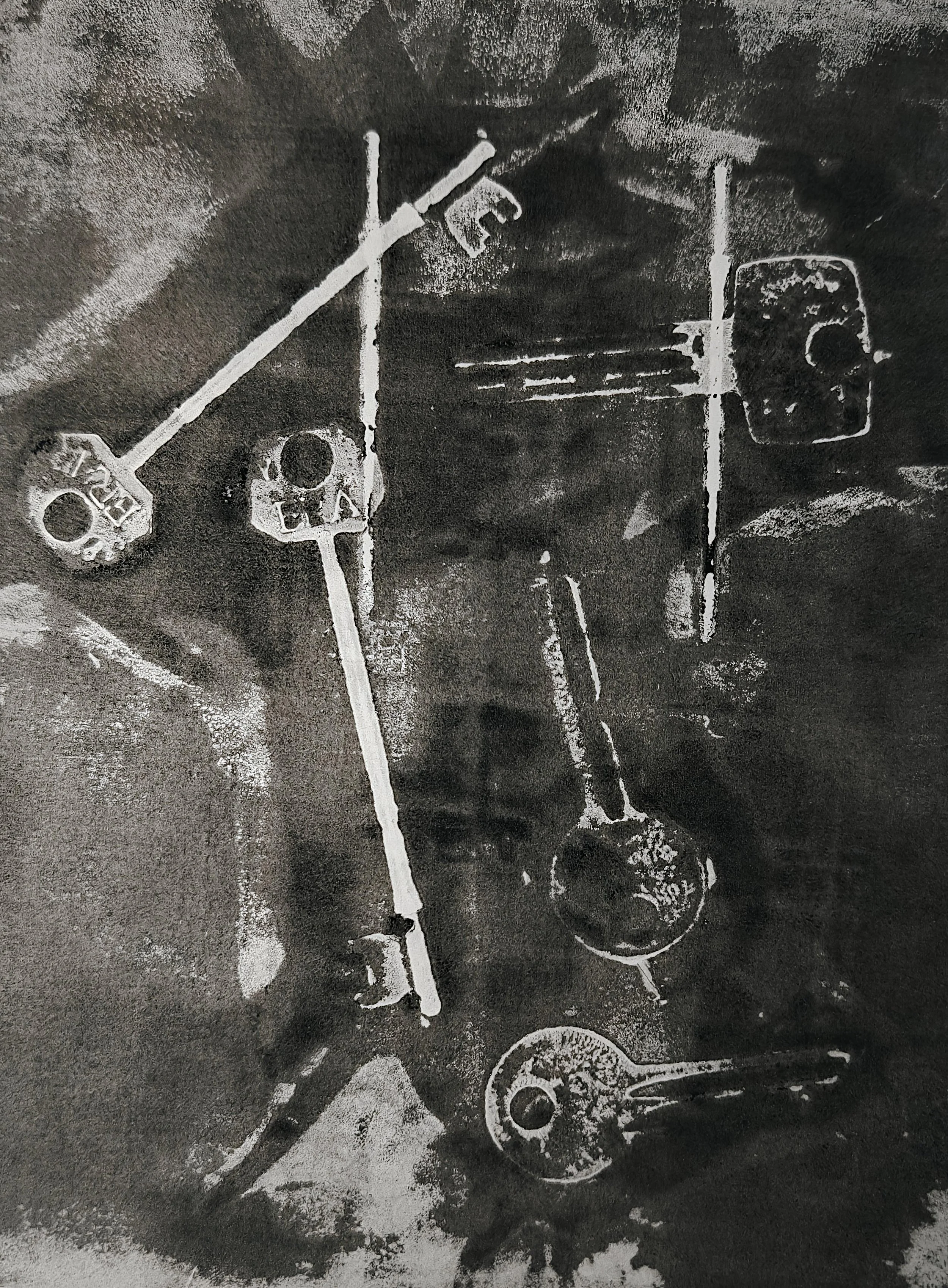 Artwork by Shaun Bell featuring a black and white faded print of overlapping keys.