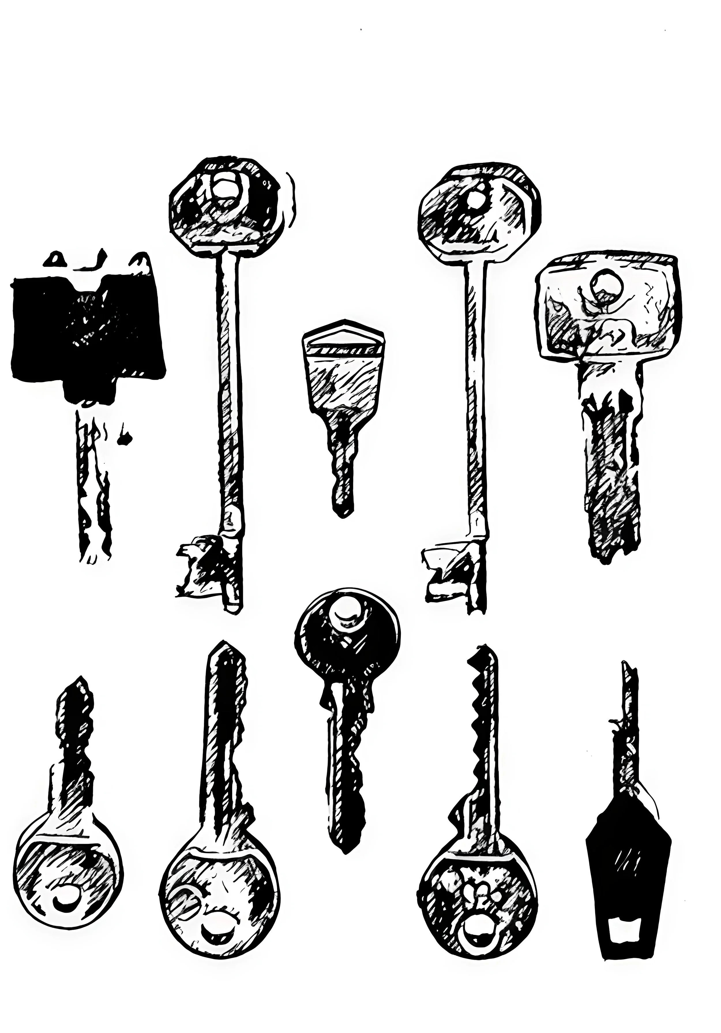 Artwork by Shaun Bell featuring a black and white ink illustration of organised keys.