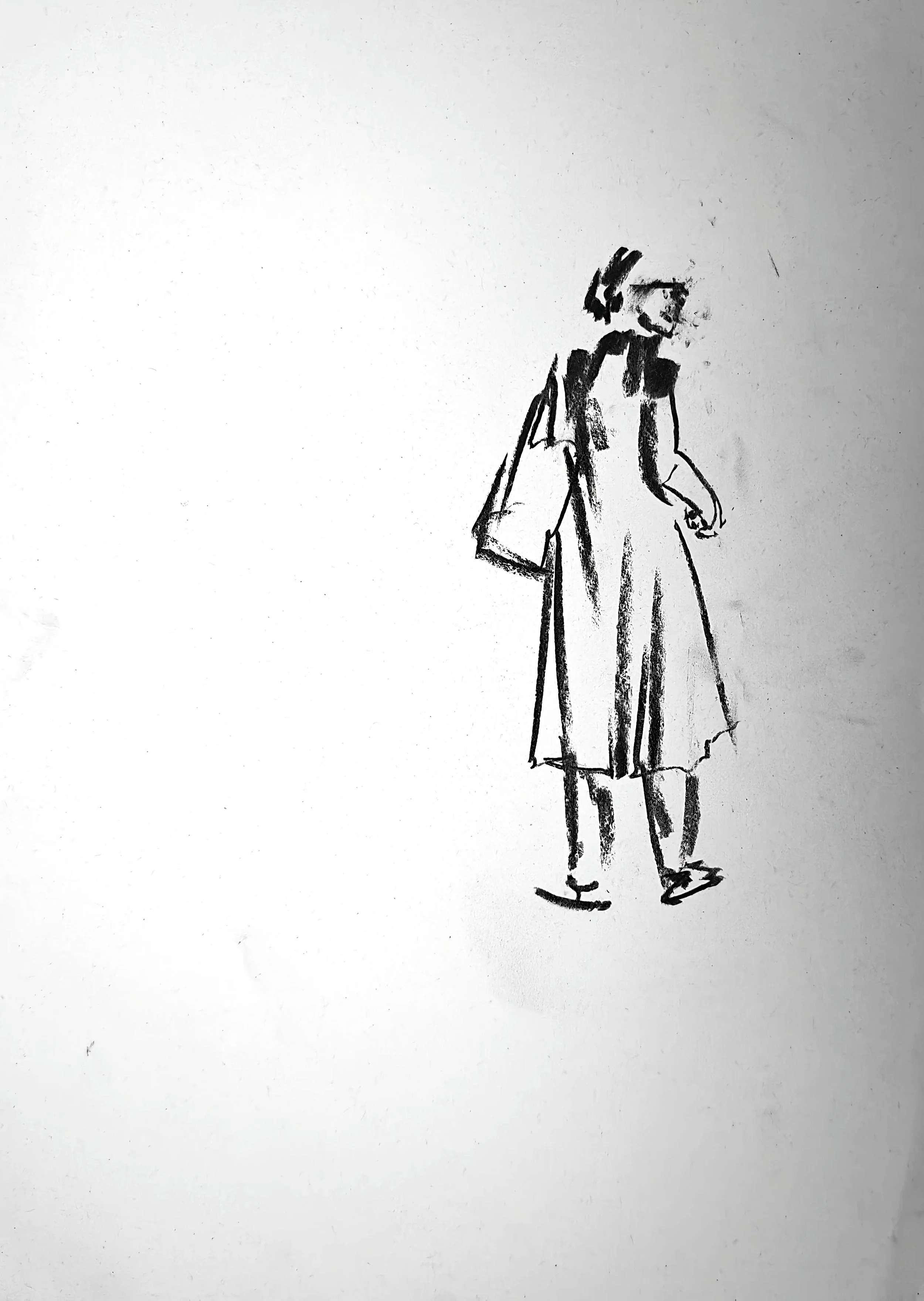 Charcoal figure drawing by Shaun Bell. Contemporary minimalist figurative artwork exploring urban isolation, anonymous city life, and human transience. Expressive tonal charcoal on paper with strong negative space and gestural mark-making.