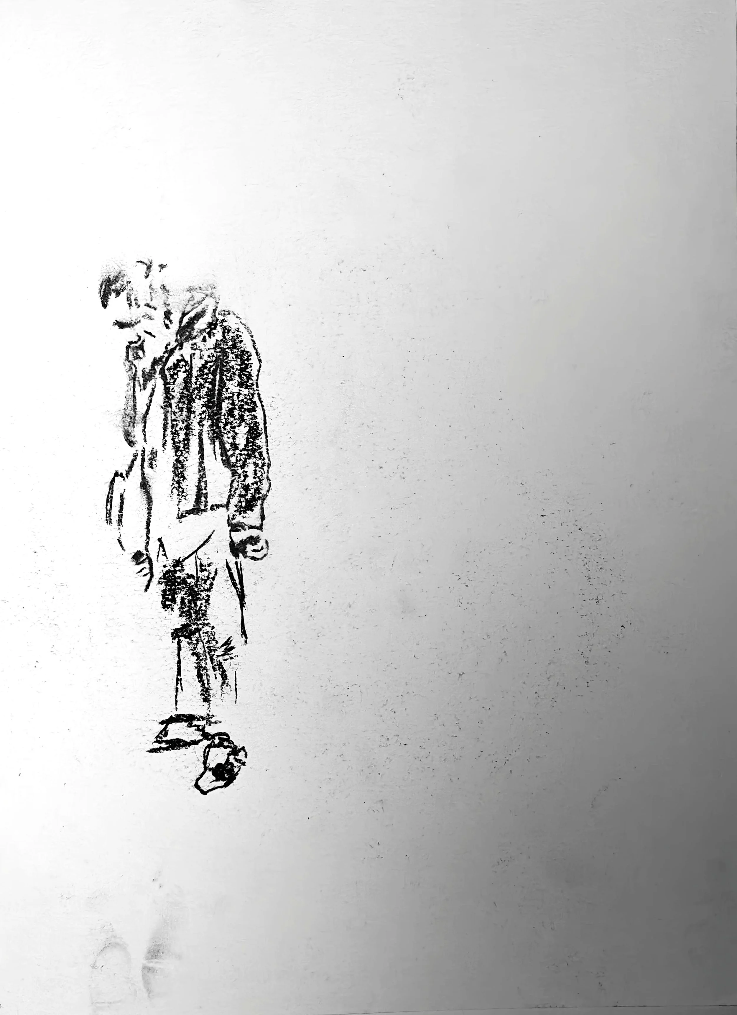 Charcoal figure drawing by Shaun Bell. Contemporary minimalist figurative artwork exploring urban isolation, anonymous city life, and human transience. Expressive tonal charcoal on paper with strong negative space and gestural mark-making.