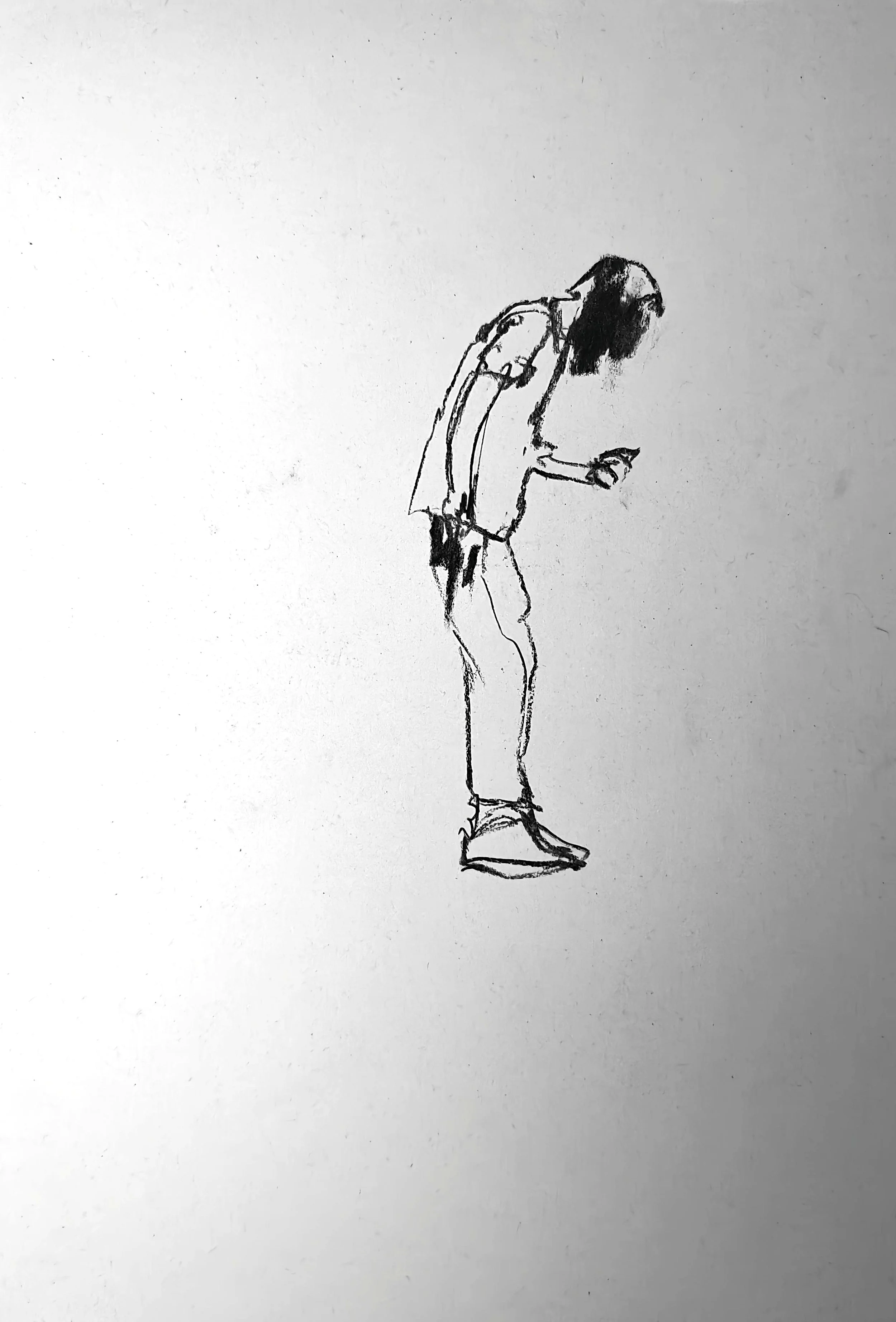 Charcoal figure drawing by Shaun Bell. Contemporary minimalist figurative artwork exploring urban isolation, anonymous city life, and human transience. Expressive tonal charcoal on paper with strong negative space and gestural mark-making.