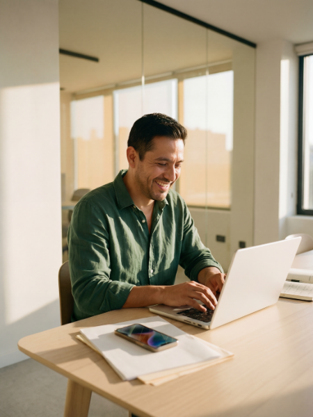 A man in a green shirt sitting at a desk in a bright office, working on a laptop with a smile.