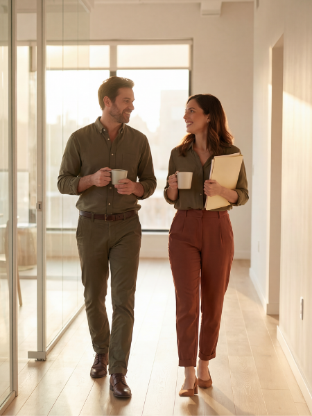 A man and woman walking down an office hallway, smiling and holding coffee mugs, with the woman carrying a notebook or folder.