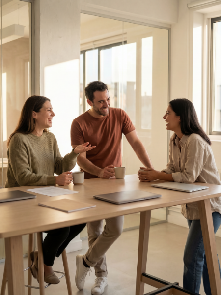 Three people having a casual meeting around a table in a modern office, smiling and chatting.