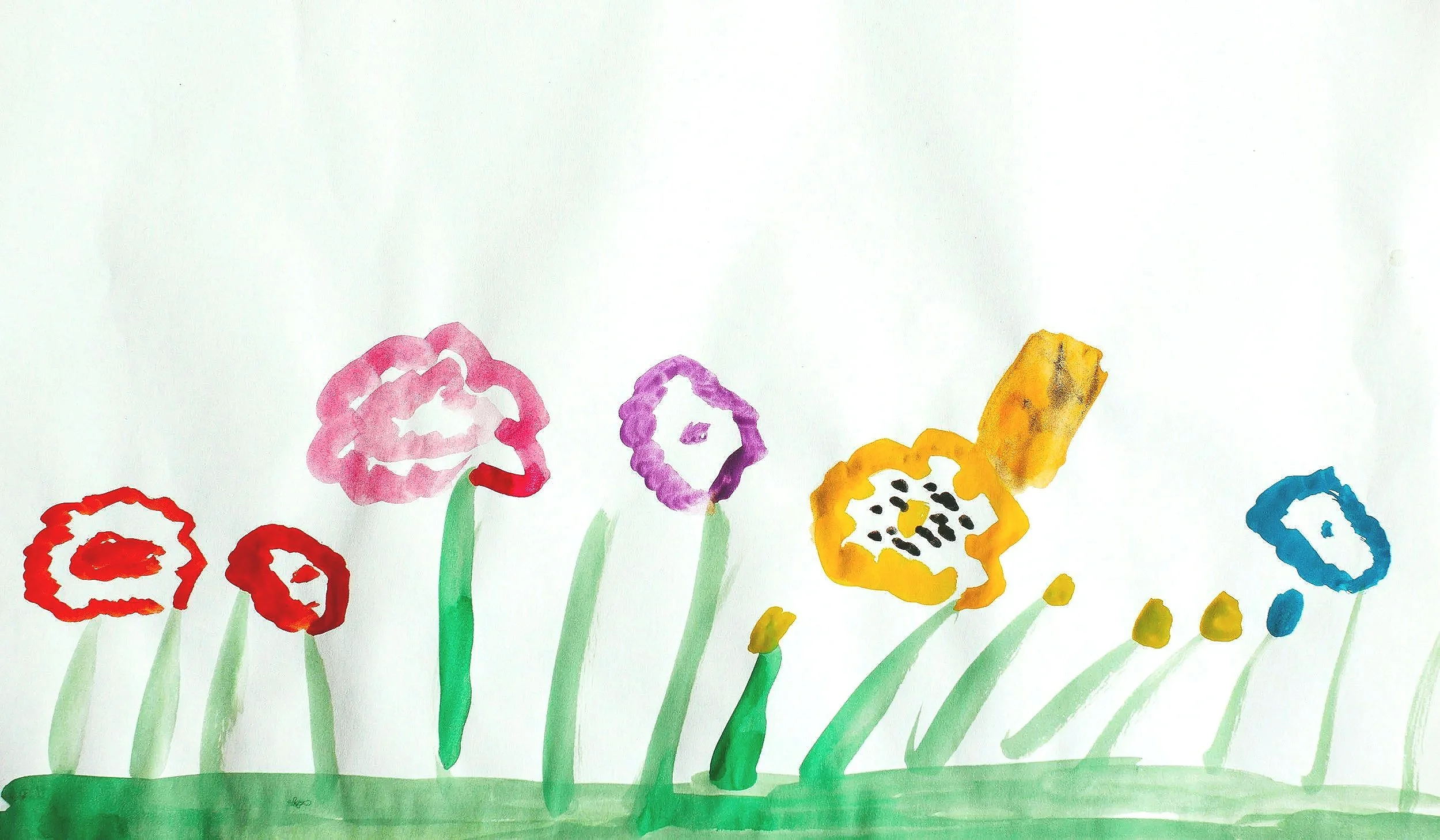 Watercolor painting of colorful flowers with green stems on a white background.