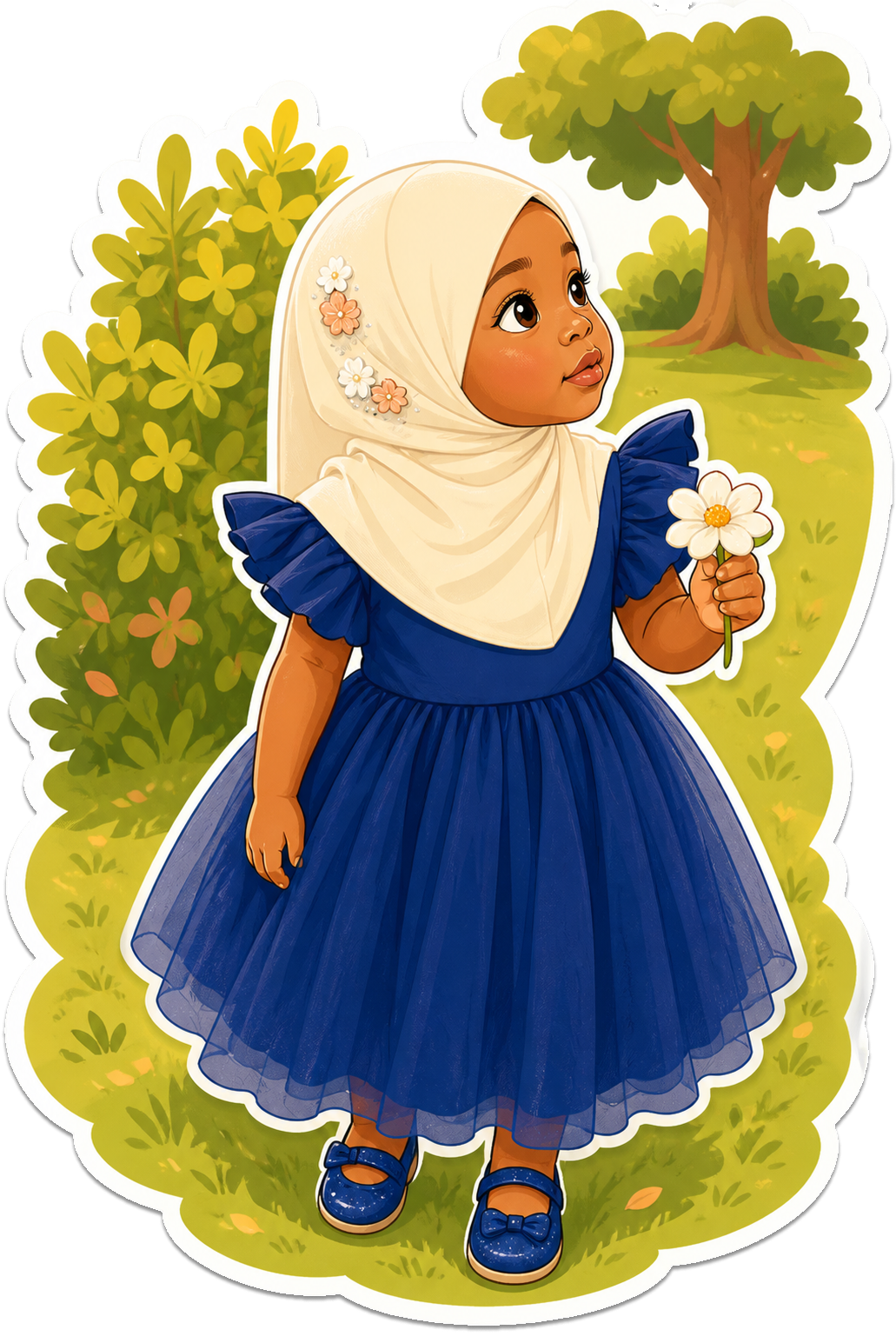 A young girl wearing a cream hijab decorated with flowers and a blue dress with ruffled sleeves and a tulle skirt, standing outdoors in a park or garden. She holds a white flower in her hand and looks upward with a thoughtful expression. The background features green bushes and a large tree.