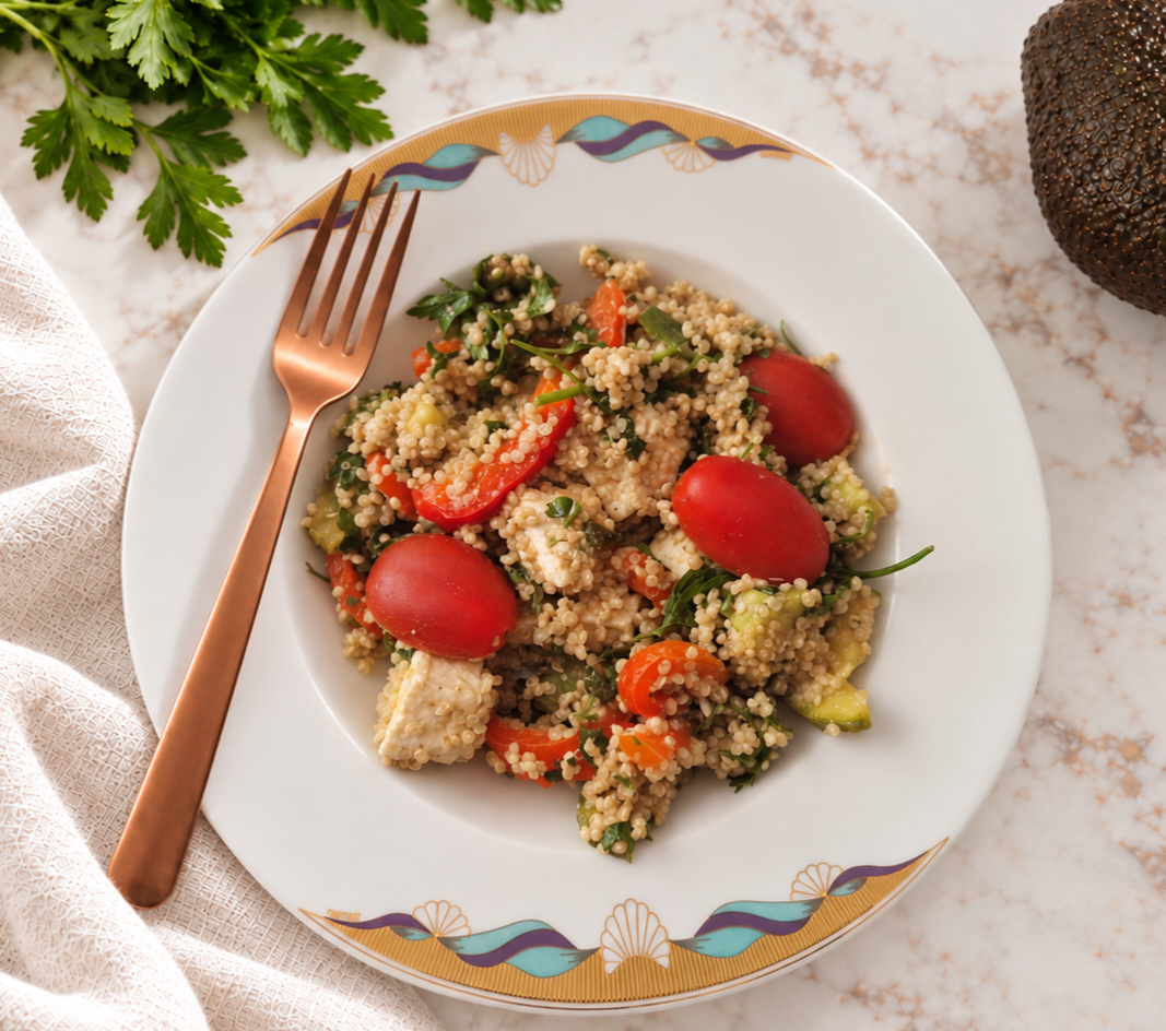 Low FODMAP quinoasalade met cherrytomaten, avocado en feta 